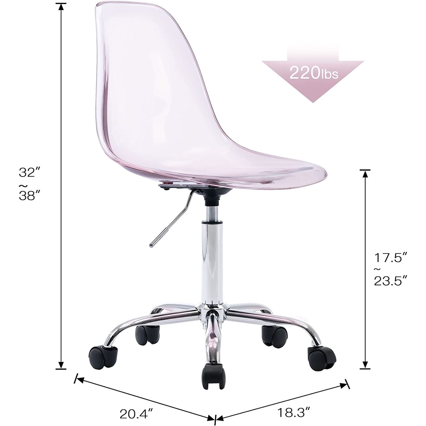 Chaise de bureau pivotante en acrylique à hauteur réglable sans accoudoirs
