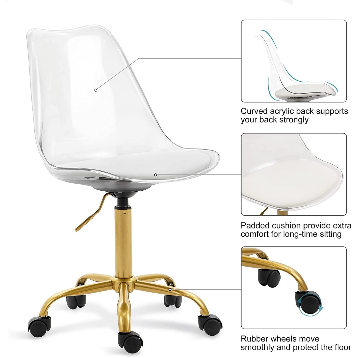 Chaise de bureau pivotante en acrylique à hauteur réglable sans accoudoirs