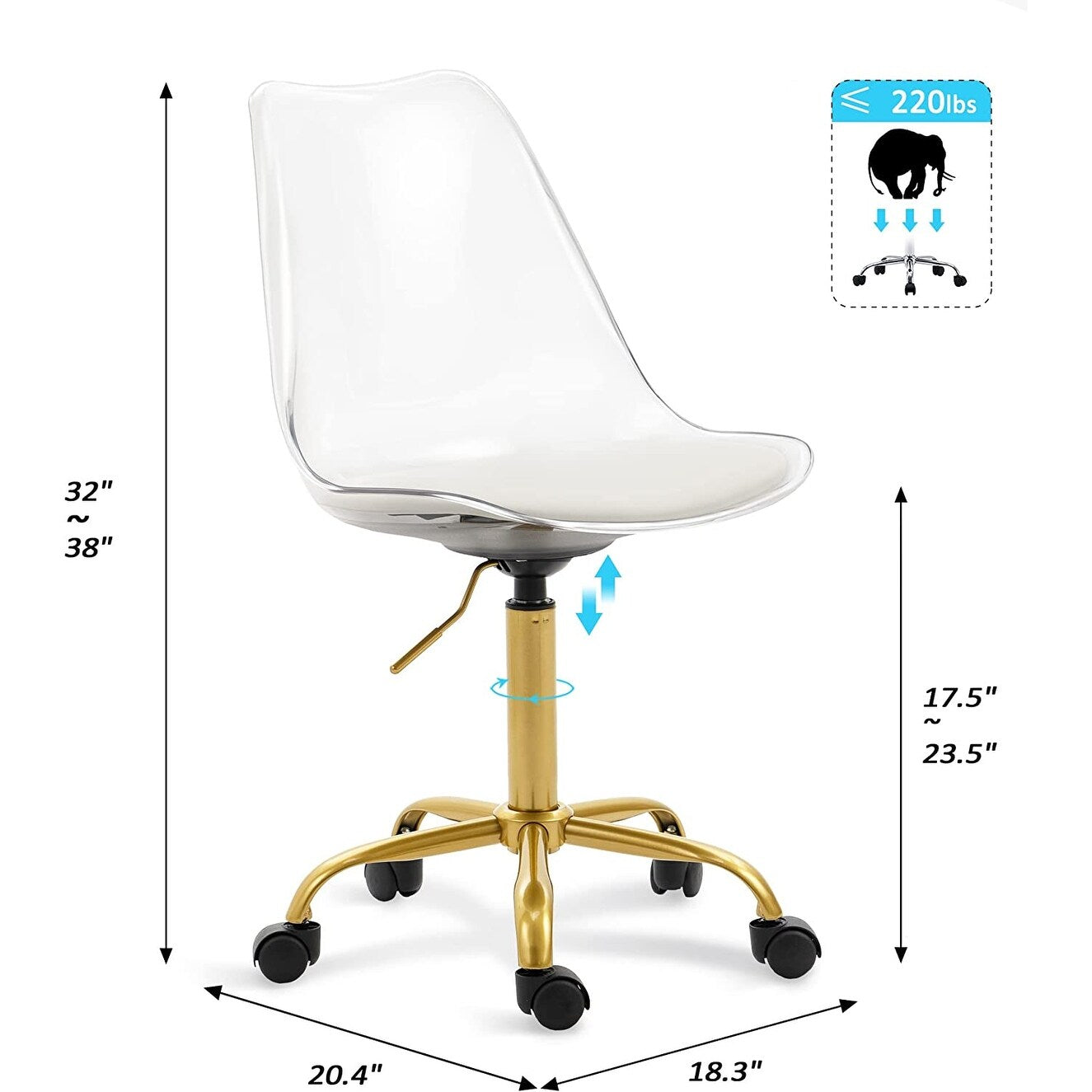 Chaise de bureau pivotante en acrylique à hauteur réglable sans accoudoirs