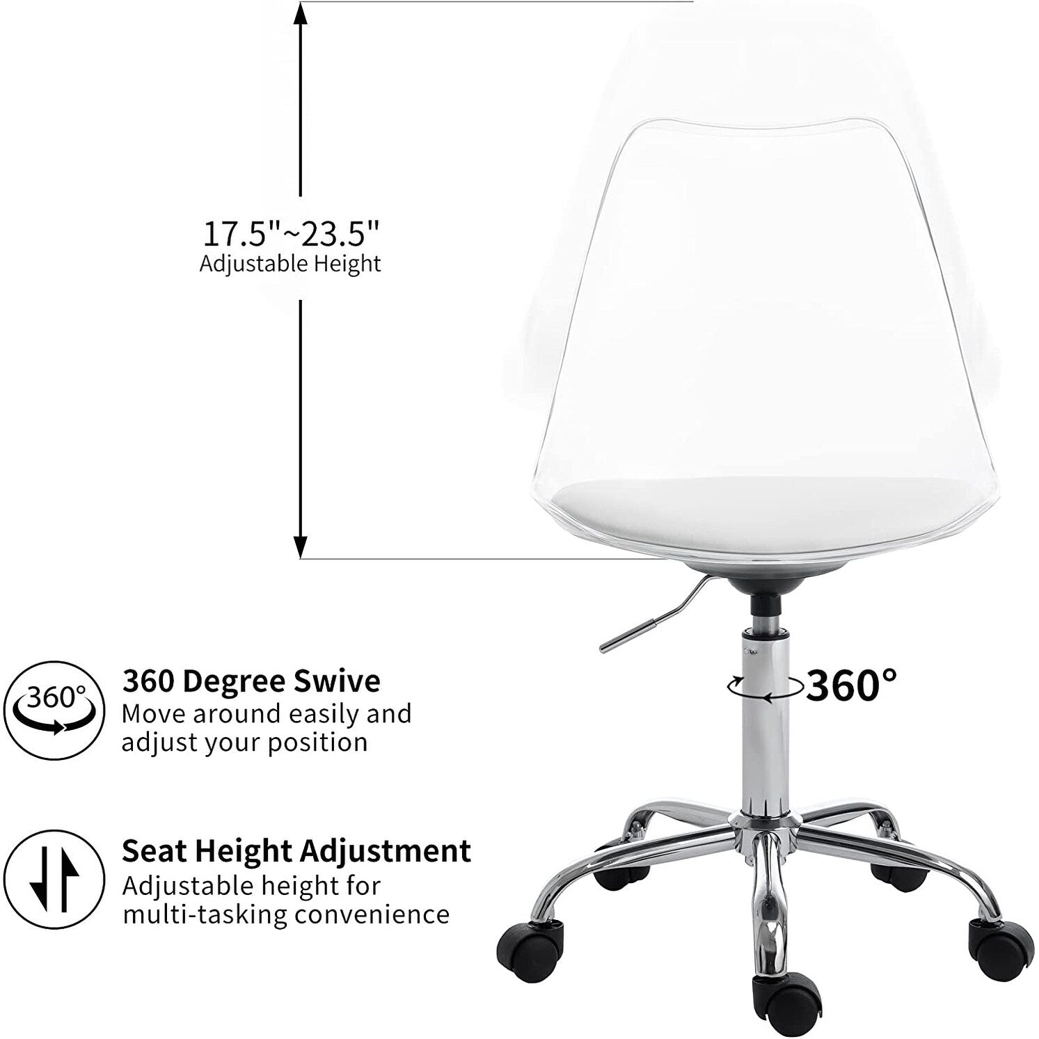 Chaise de bureau pivotante en acrylique à hauteur réglable sans accoudoirs