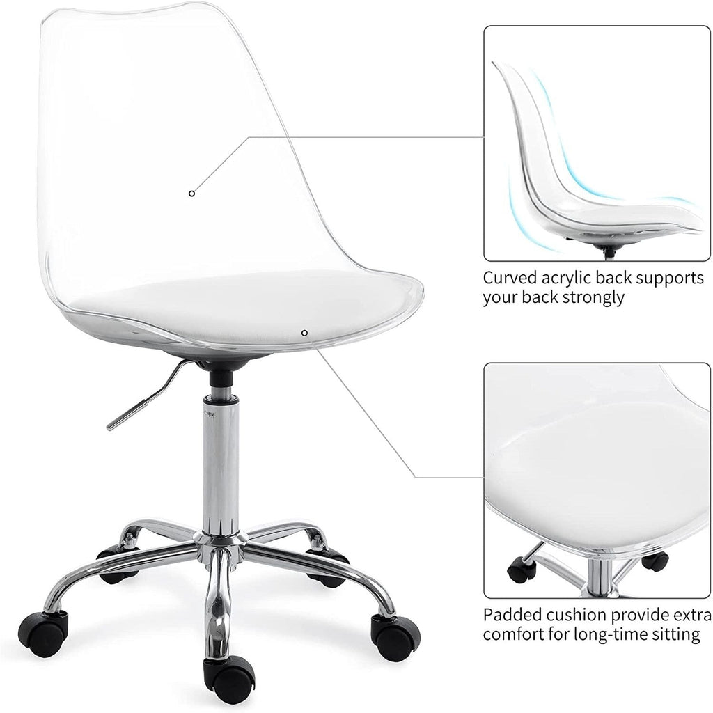 Chaise de bureau pivotante en acrylique à hauteur réglable sans accoudoirs