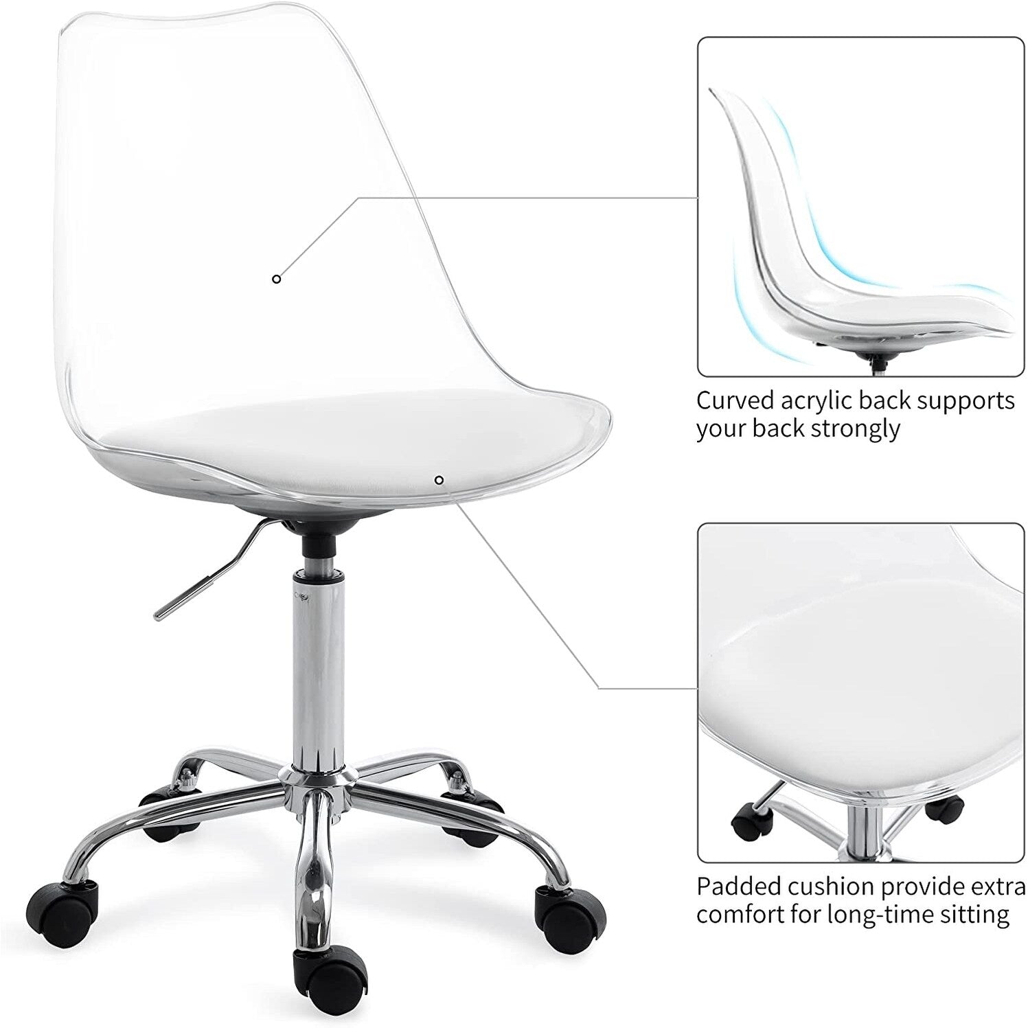 Chaise de bureau pivotante en acrylique à hauteur réglable sans accoudoirs