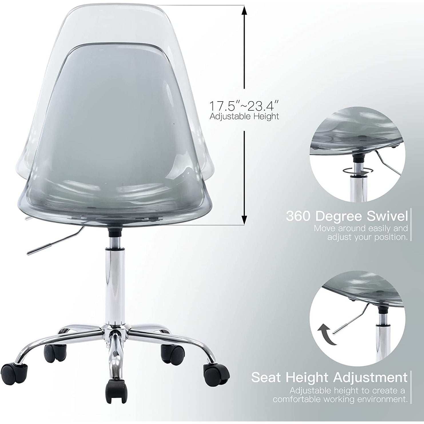 Chaise de bureau pivotante en acrylique à hauteur réglable sans accoudoirs