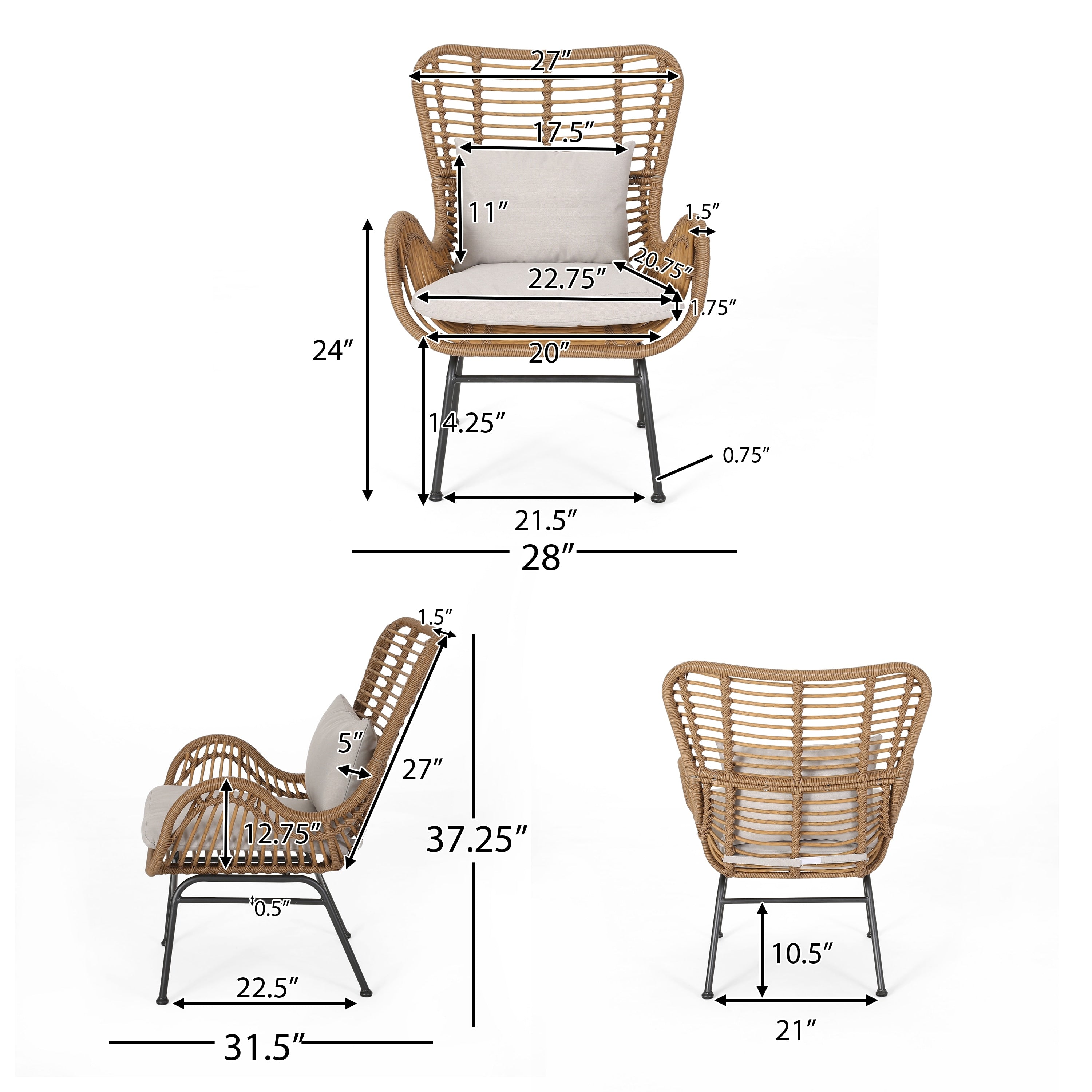 Ensemble de salon de jardin Acuna 3 pièces en osier avec coussins par Christopher Knight Home