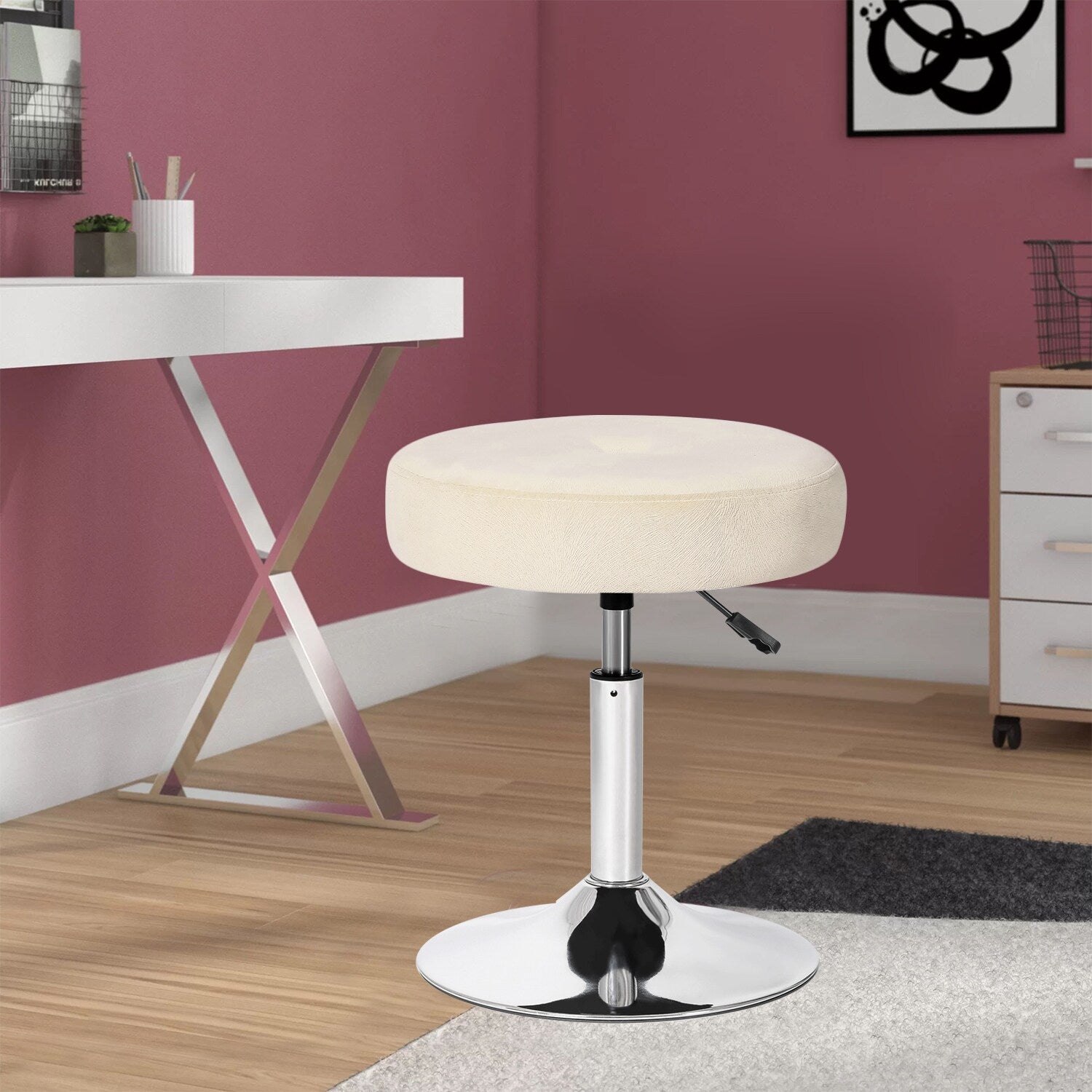Adeco Adjustable Velvet Round Ottoman Swivel Vanity Stool Makeup Chair