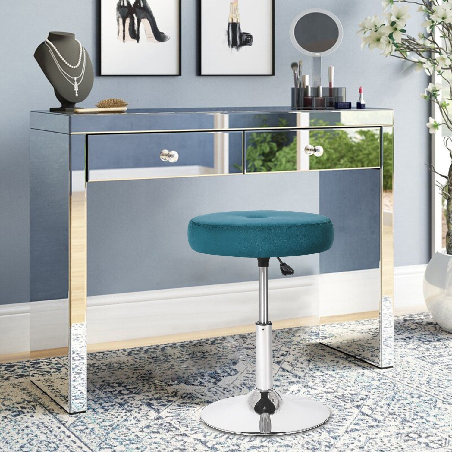 Adeco Adjustable Velvet Round Ottoman Swivel Vanity Stool Makeup Chair