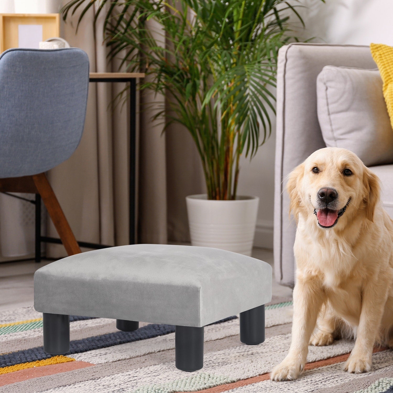 Adeco Ottoman Upholstered Fabric Footrest Pet Steps Dog Stair Stool