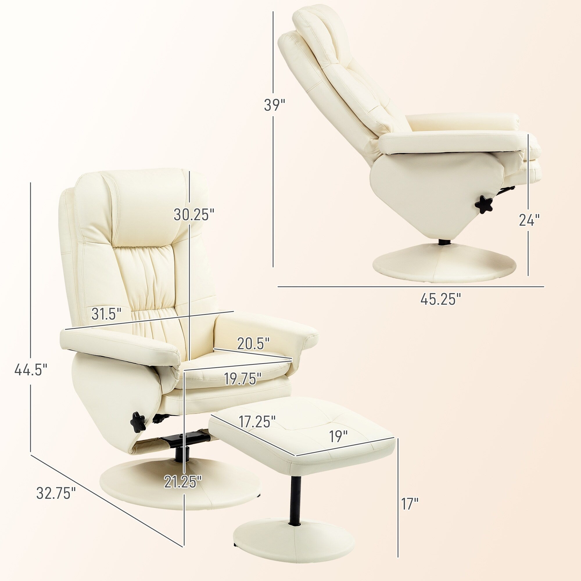 Fauteuil inclinable pivotant réglable en cuir synthétique, fauteuil à dossier haut rembourré avec pouf et base en bois