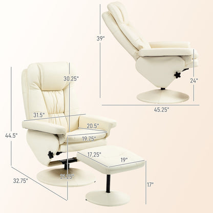 Fauteuil inclinable pivotant réglable en cuir synthétique, fauteuil à dossier haut rembourré avec pouf et base en bois