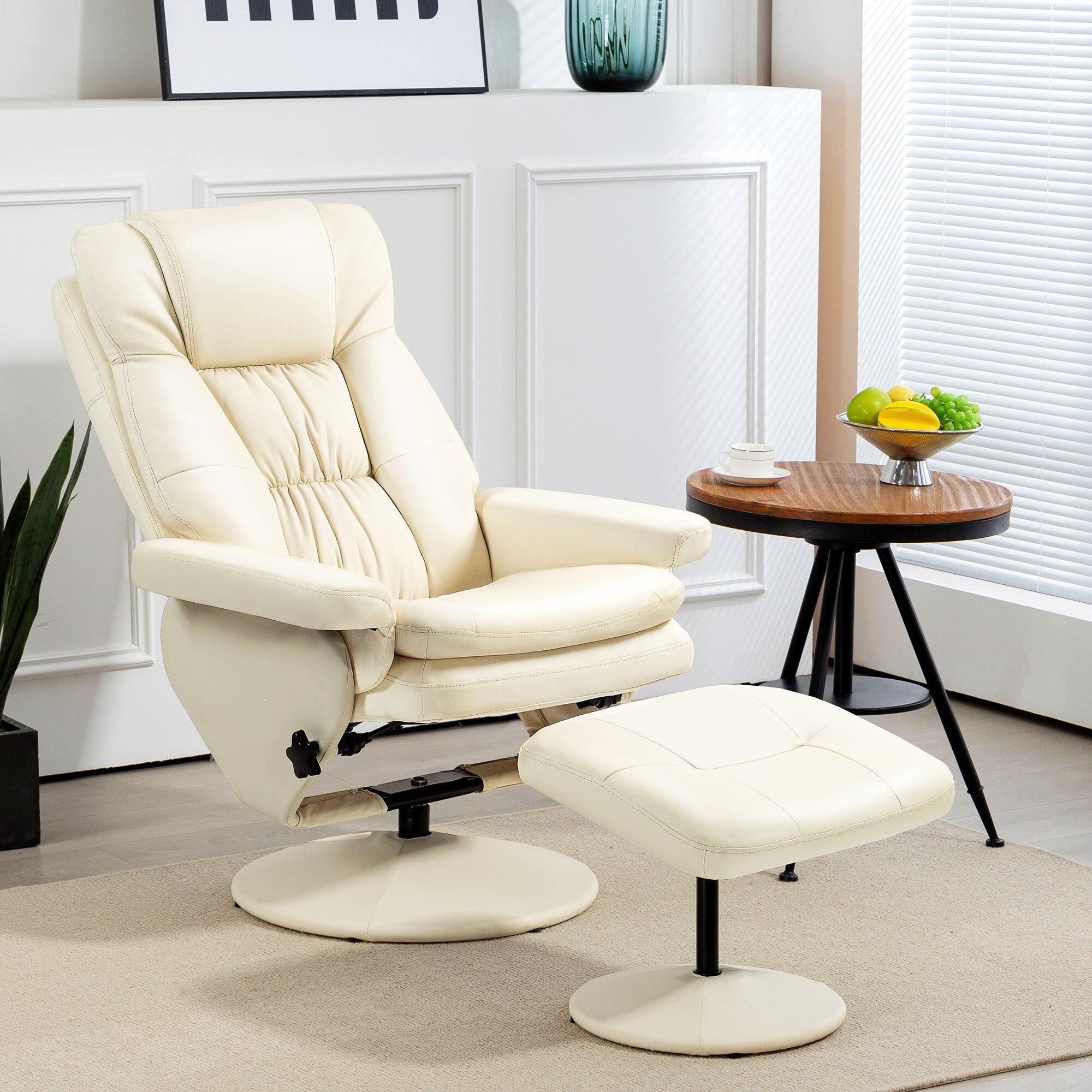 Fauteuil inclinable pivotant réglable en cuir synthétique, fauteuil à dossier haut rembourré avec pouf et base en bois