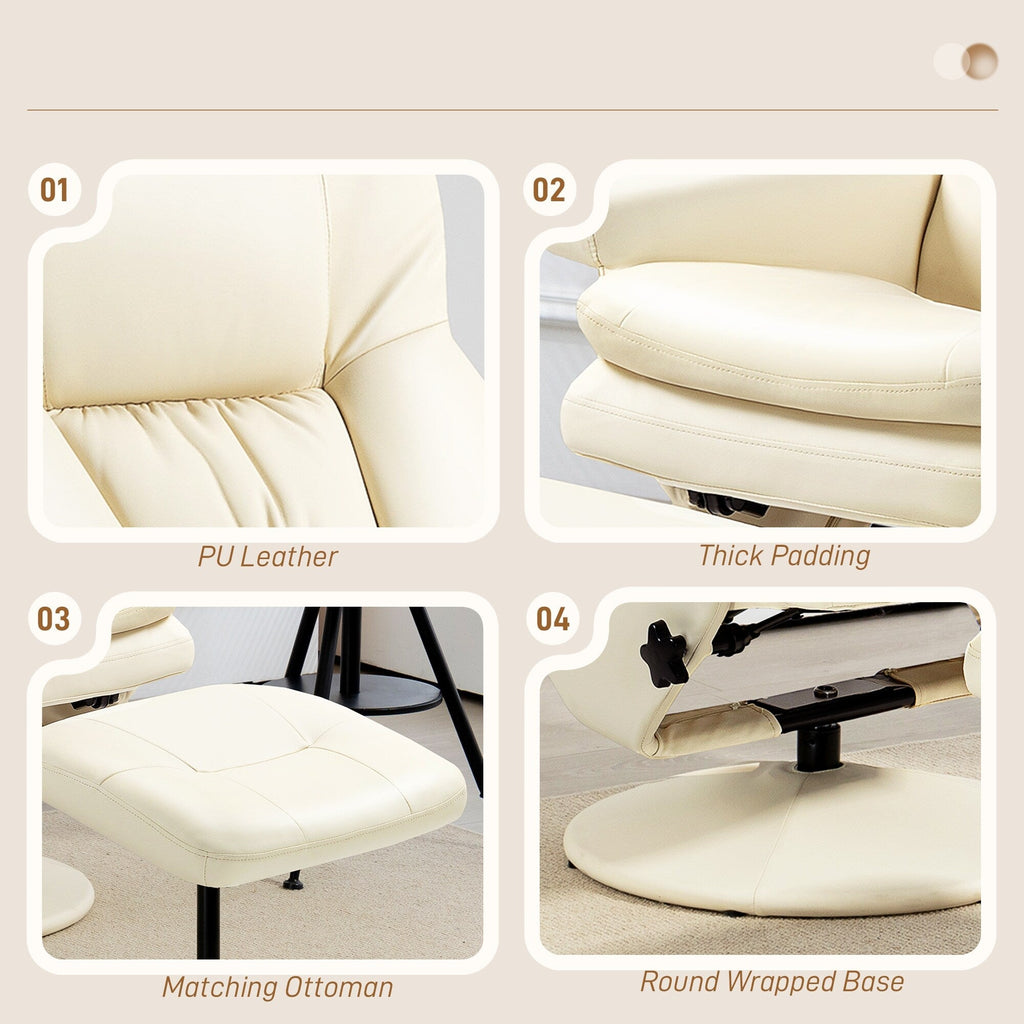 Fauteuil inclinable pivotant réglable en cuir synthétique, fauteuil à dossier haut rembourré avec pouf et base en bois