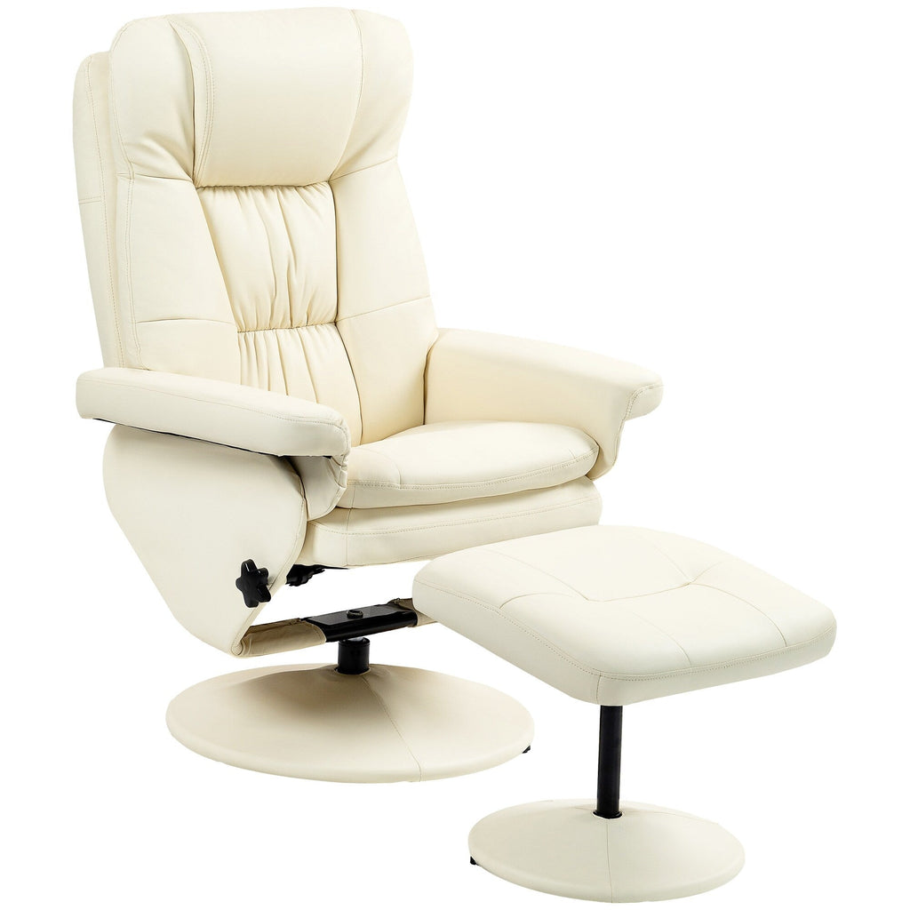 Fauteuil inclinable pivotant réglable en cuir synthétique, fauteuil à dossier haut rembourré avec pouf et base en bois