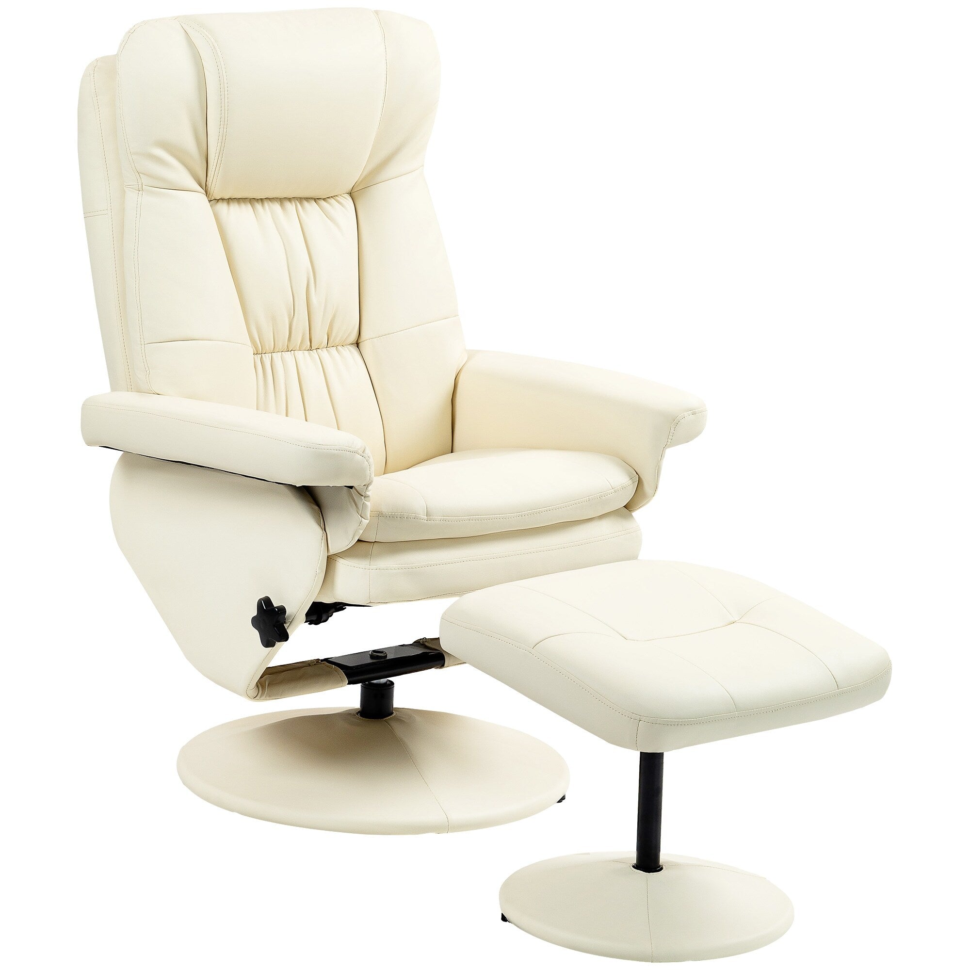 Fauteuil inclinable pivotant réglable en cuir synthétique, fauteuil à dossier haut rembourré avec pouf et base en bois