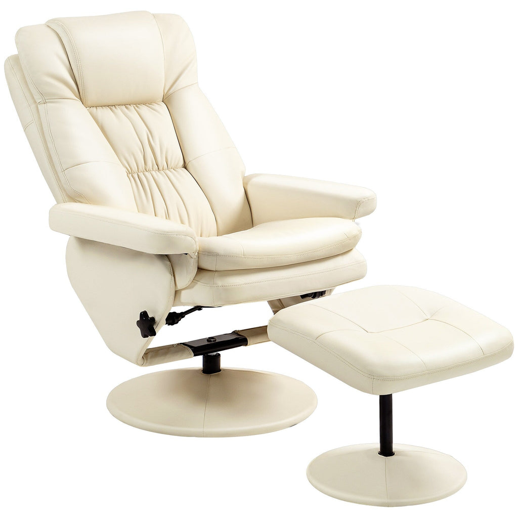 Fauteuil inclinable pivotant réglable en cuir synthétique, fauteuil à dossier haut rembourré avec pouf et base en bois