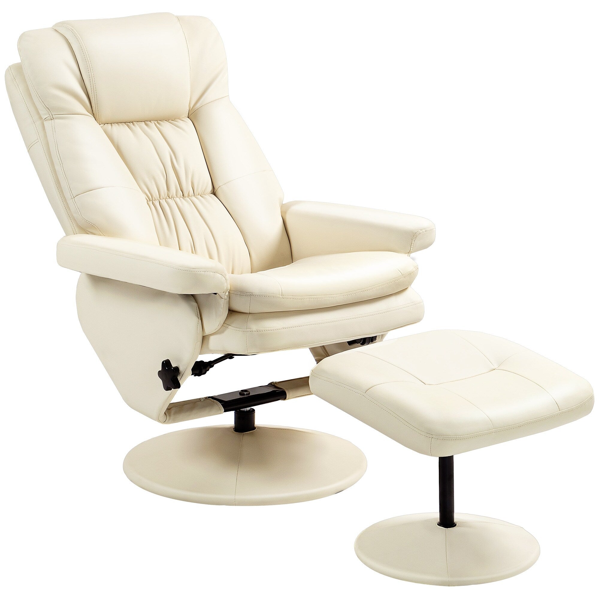 Fauteuil inclinable pivotant réglable en cuir synthétique, fauteuil à dossier haut rembourré avec pouf et base en bois