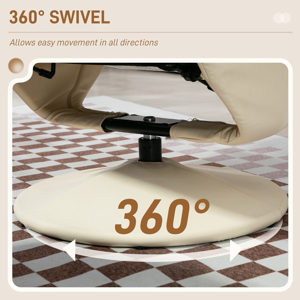 Fauteuil inclinable pivotant réglable en cuir synthétique, fauteuil à dossier haut rembourré avec pouf et base en bois