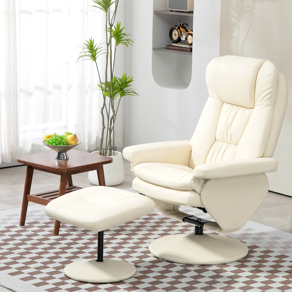 Fauteuil inclinable pivotant réglable en cuir synthétique, fauteuil à dossier haut rembourré avec pouf et base en bois
