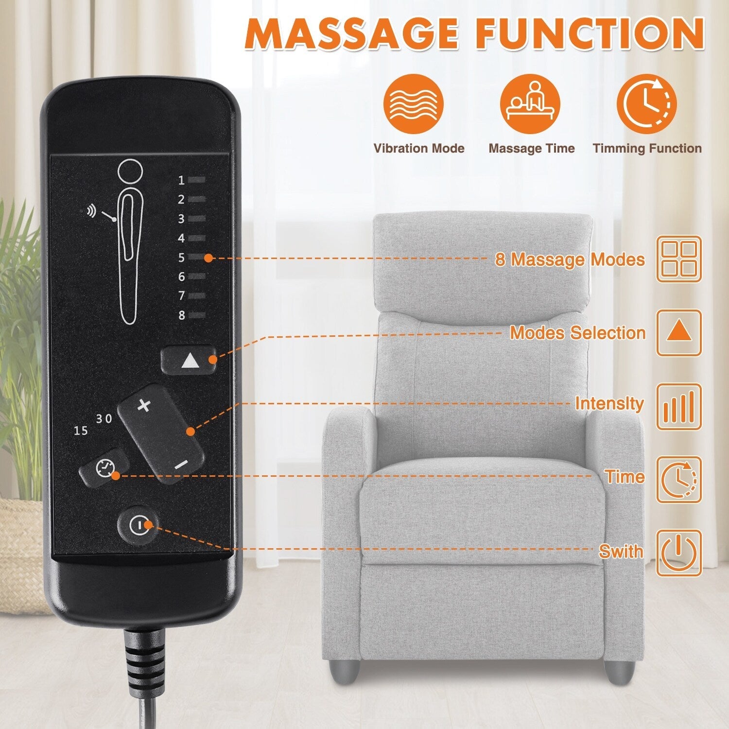 Fauteuil inclinable réglable avec 8 modes de massage et soutien lombaire pour la relaxation et le cinéma maison