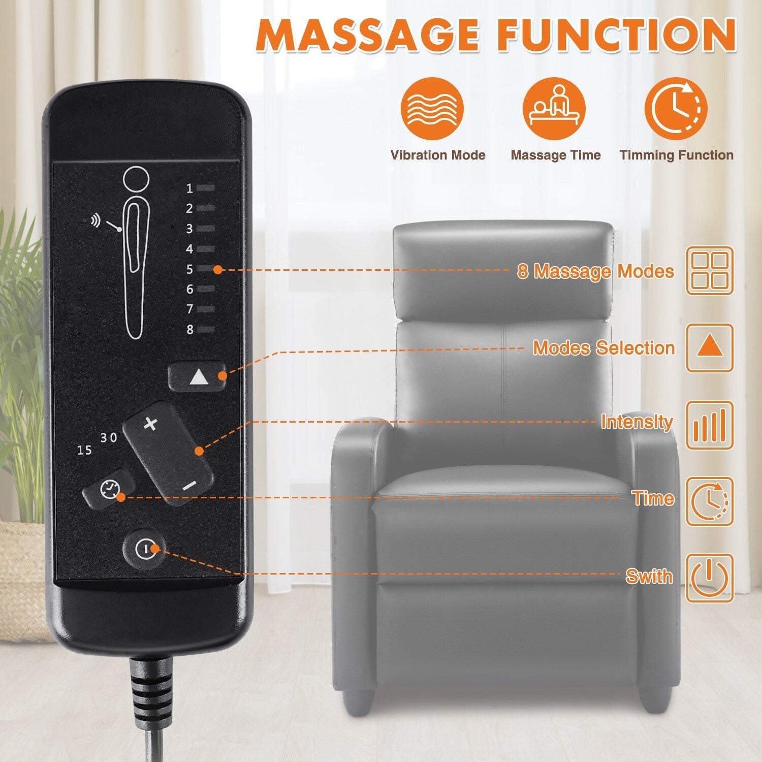 Fauteuil inclinable réglable avec 8 modes de massage et soutien lombaire pour la relaxation et le cinéma maison