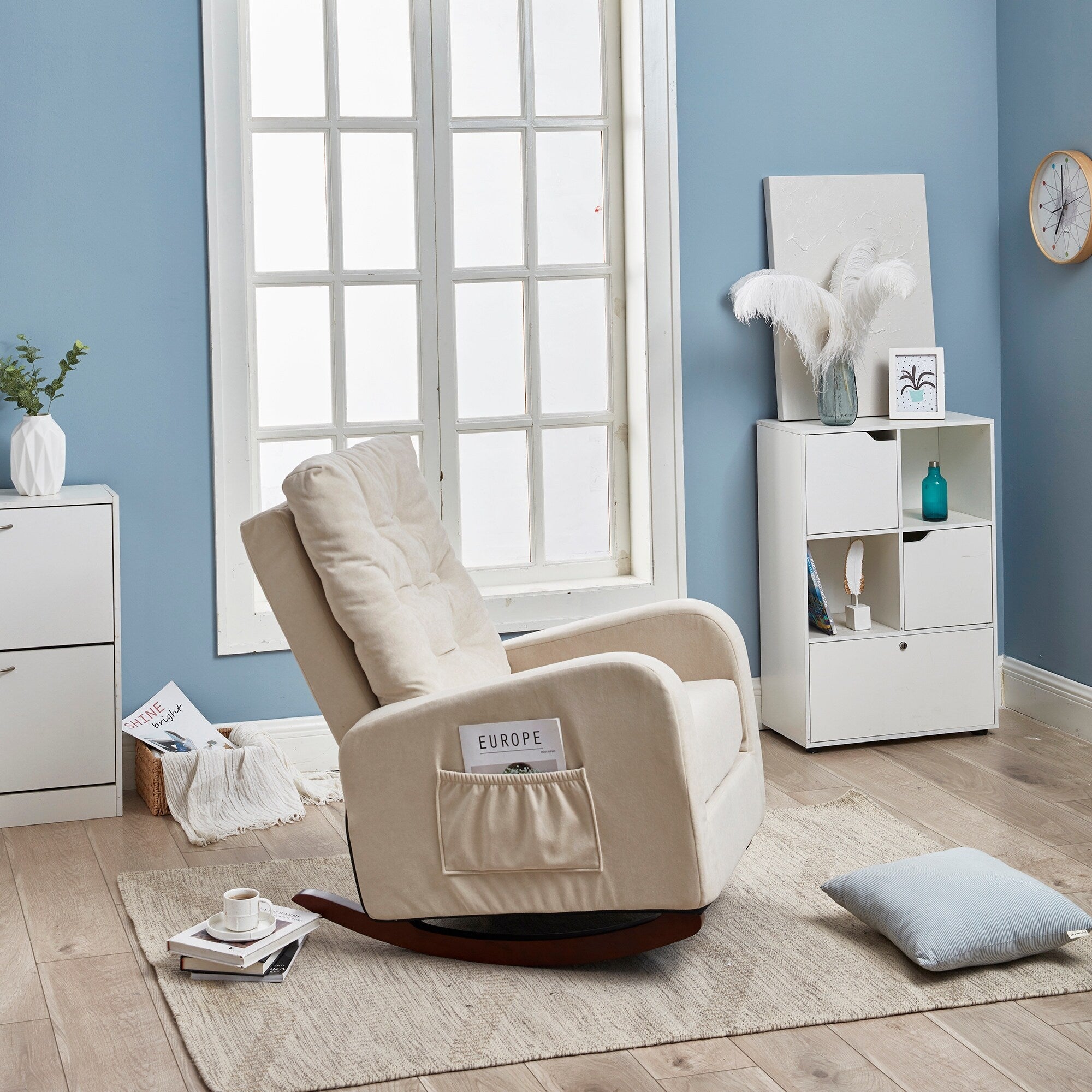 Fauteuil inclinable réglable pour balcon et tatami, dossier haut, pieds en bois massif, poches latérales