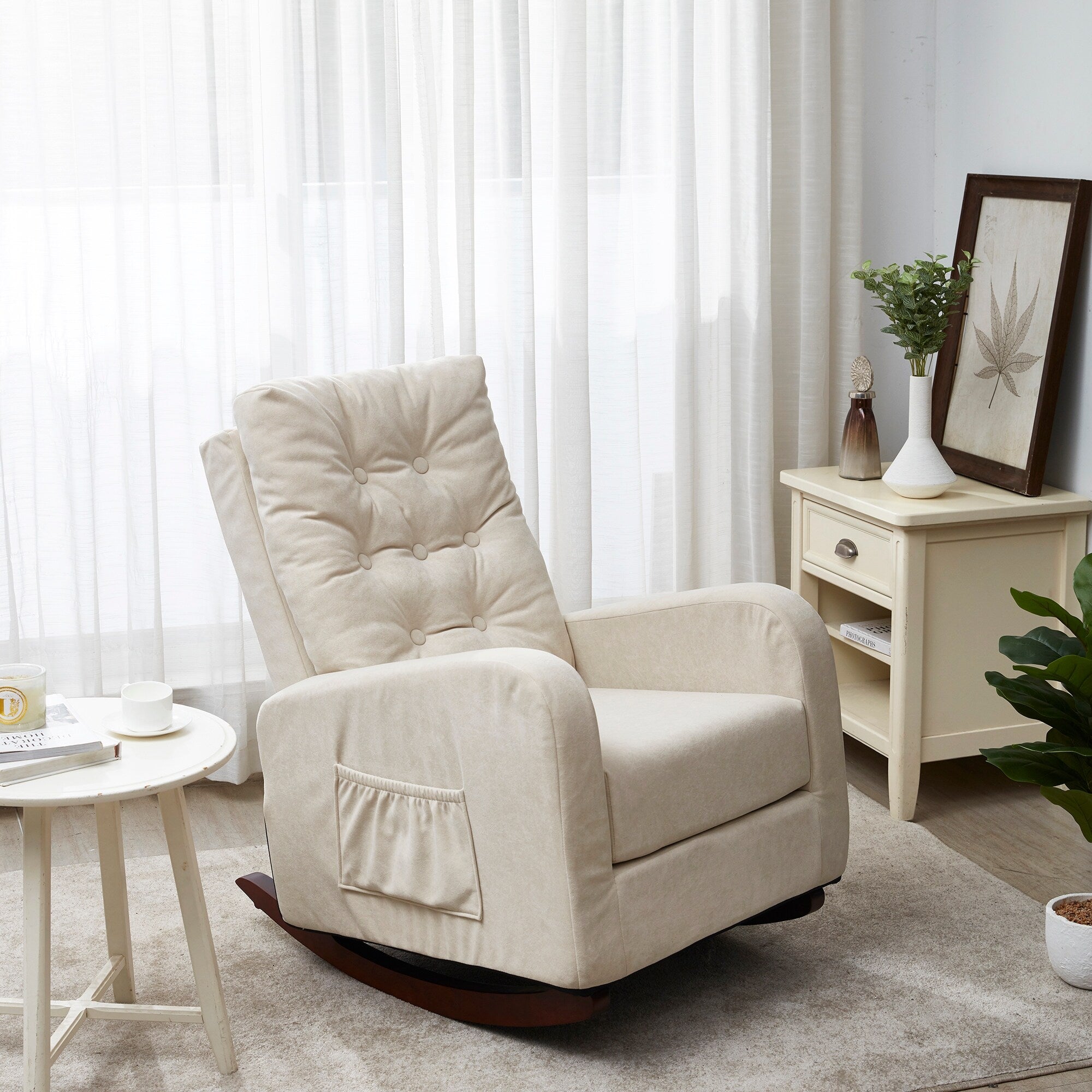 Fauteuil inclinable réglable pour balcon et tatami, dossier haut, pieds en bois massif, poches latérales