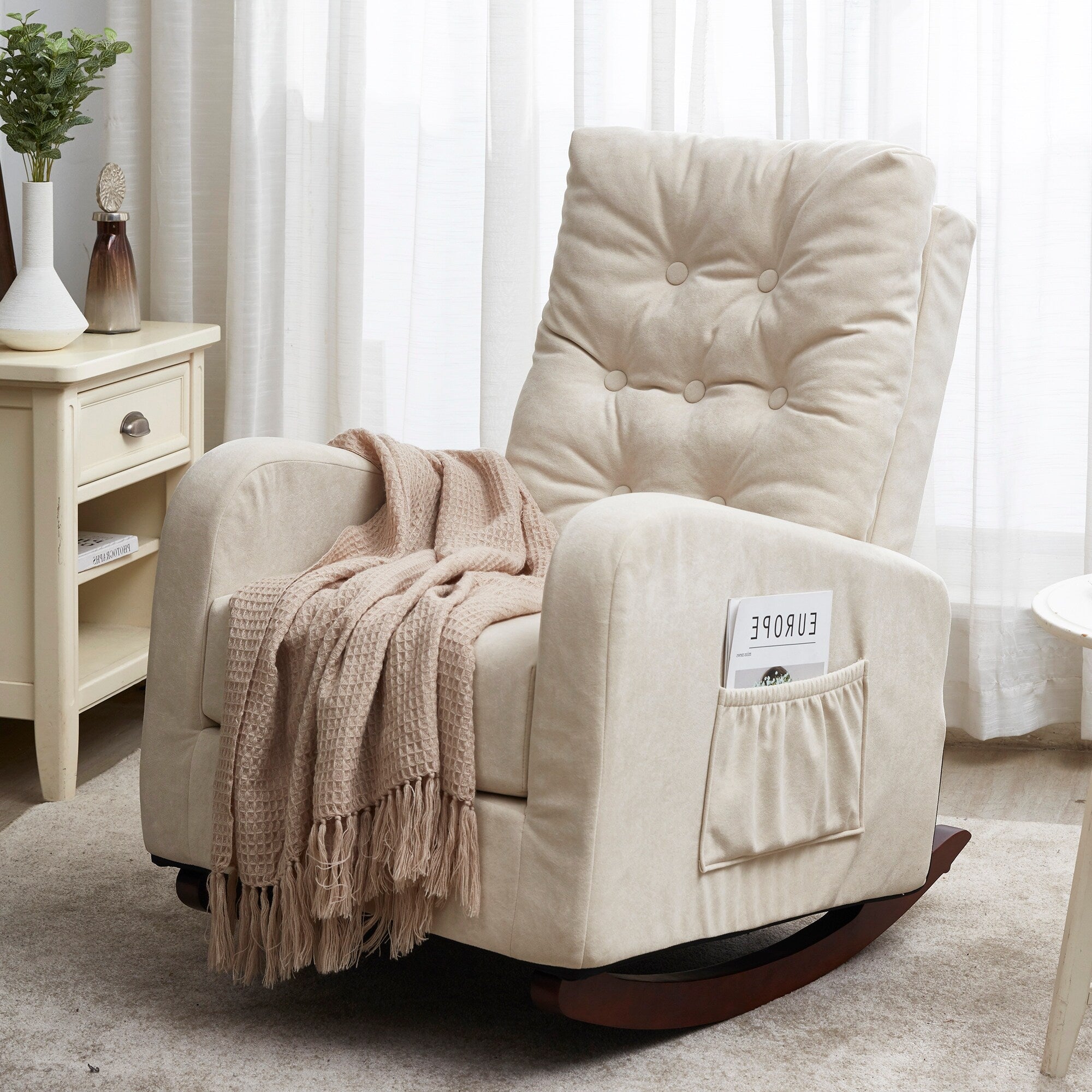 Fauteuil inclinable réglable pour balcon et tatami, dossier haut, pieds en bois massif, poches latérales