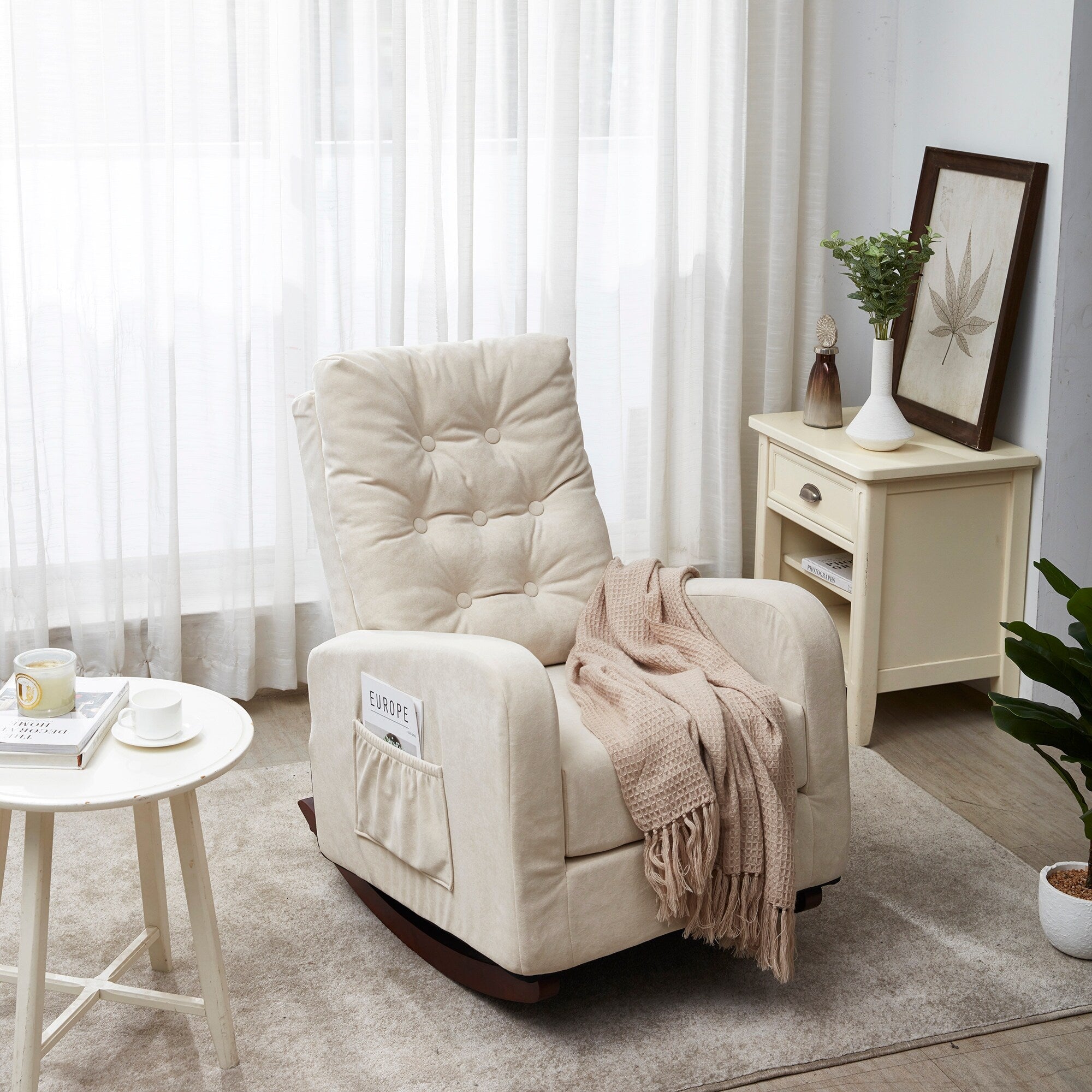 Fauteuil inclinable réglable pour balcon et tatami, dossier haut, pieds en bois massif, poches latérales