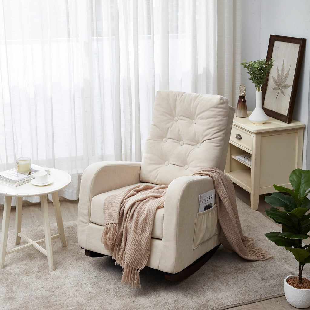 Fauteuil inclinable réglable avec pieds en bois robustes, dossier haut et options de rangement latérales