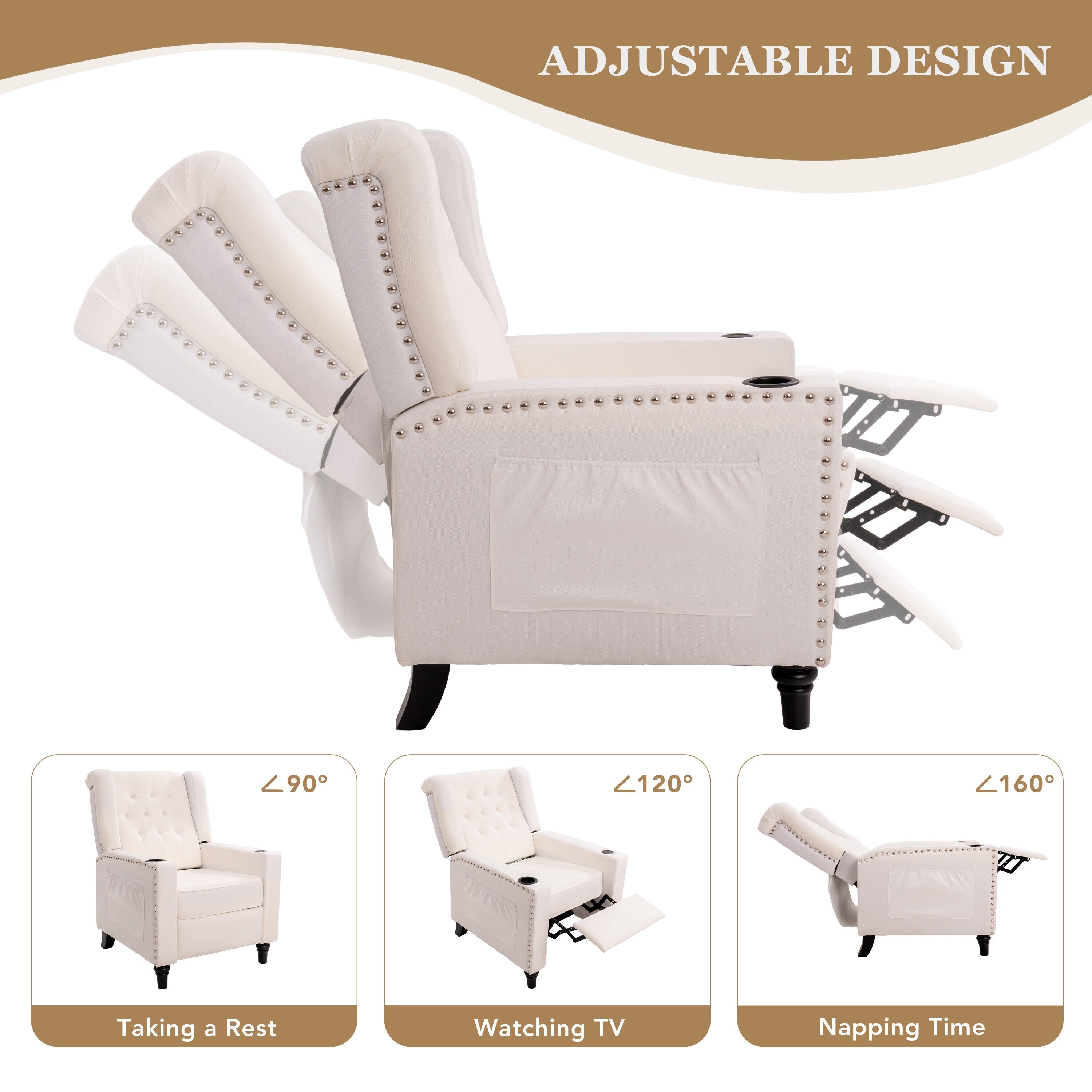 Fauteuil inclinable à dossier réglable et à oreilles, fauteuil clouté, grand canapé rembourré