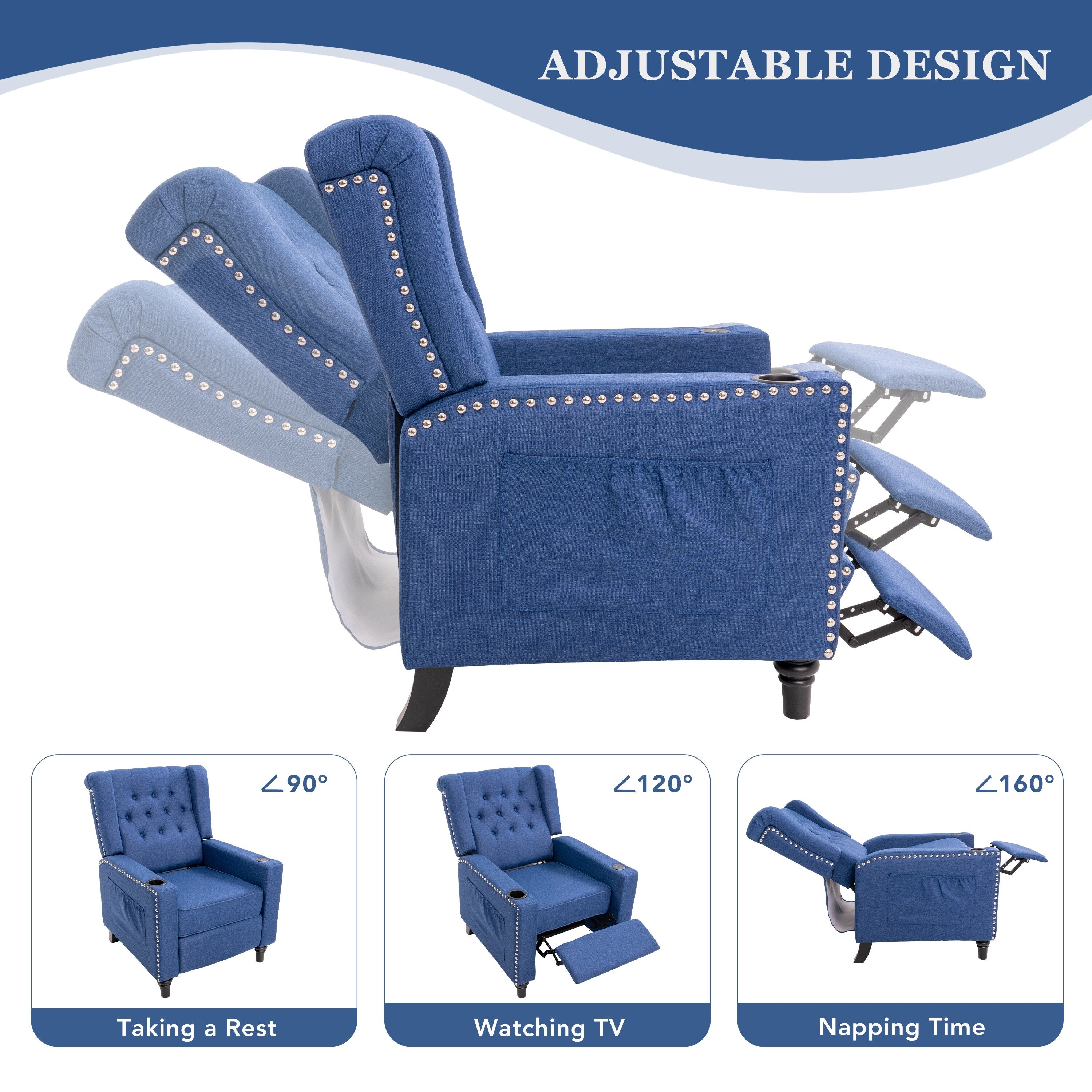 Fauteuil inclinable à dossier réglable et à oreilles, fauteuil clouté, grand canapé rembourré