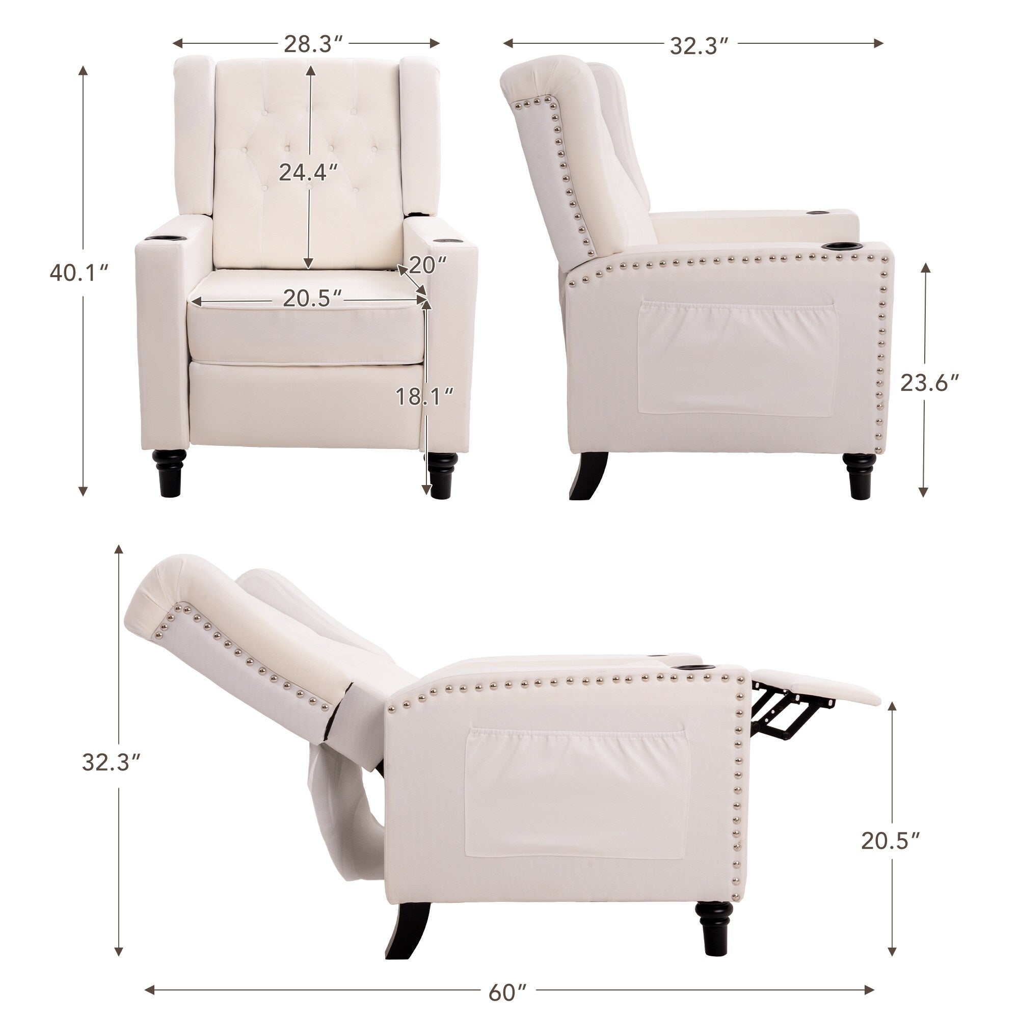 Fauteuil inclinable à dossier réglable et à oreilles, fauteuil clouté, grand canapé rembourré