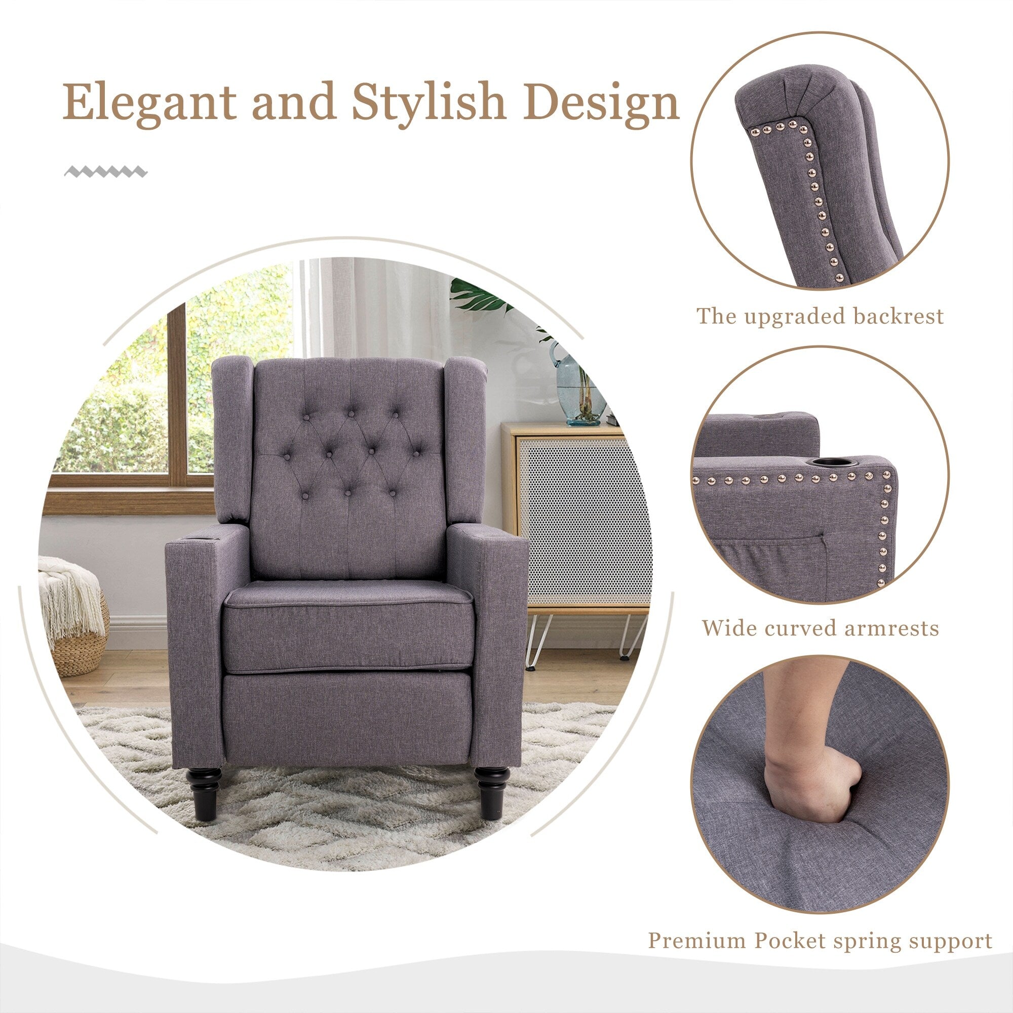 Fauteuil inclinable à dossier réglable et à oreilles, fauteuil clouté, grand canapé rembourré