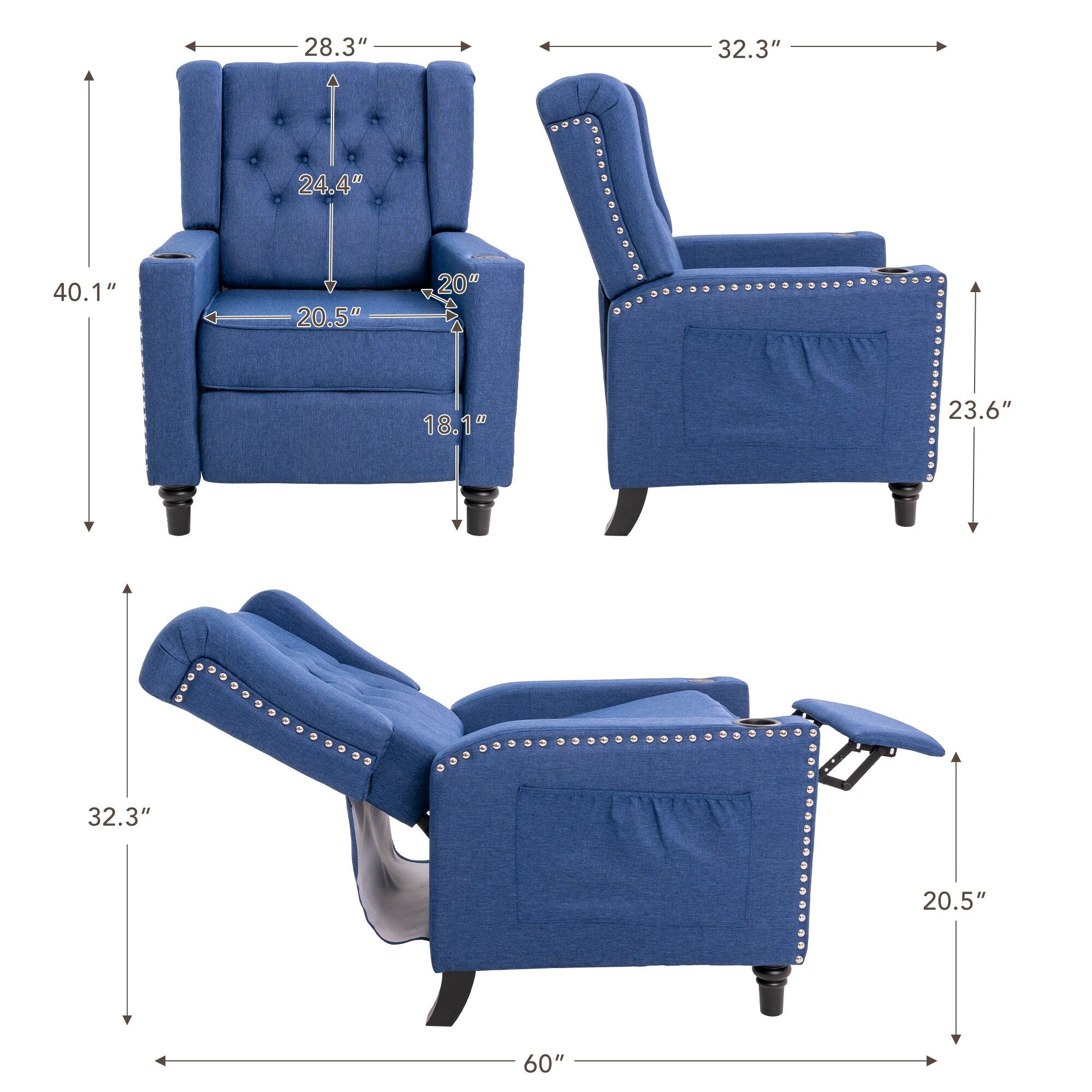 Fauteuil inclinable à dossier réglable et à oreilles, fauteuil clouté, grand canapé rembourré