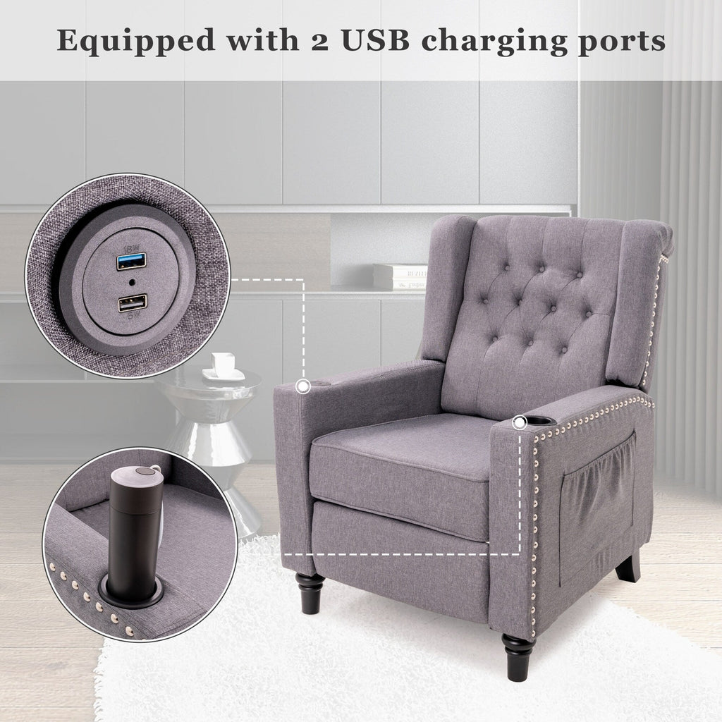 Fauteuil inclinable à dossier réglable et à oreilles, fauteuil clouté, grand canapé rembourré