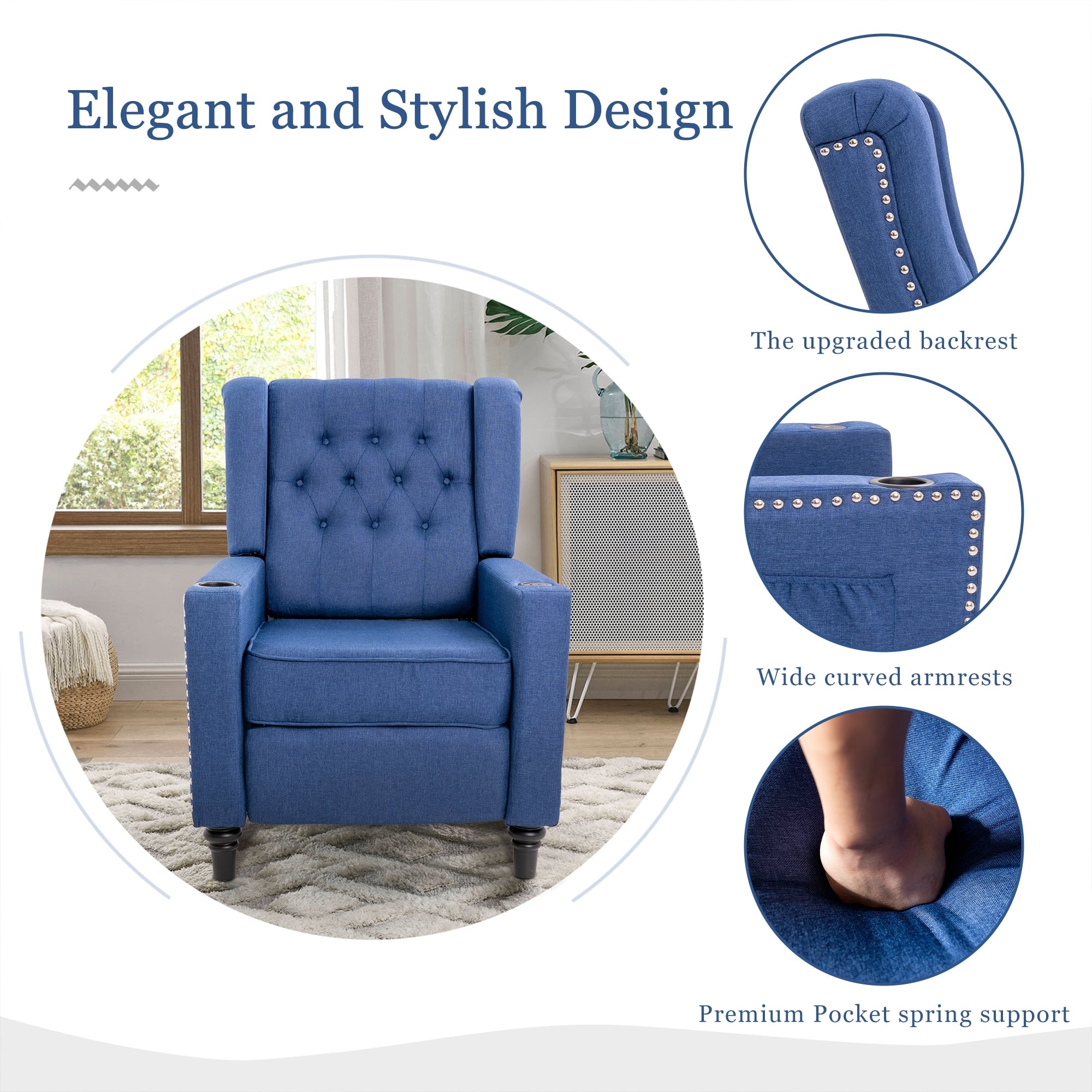 Fauteuil inclinable à dossier réglable et à oreilles, fauteuil clouté, grand canapé rembourré