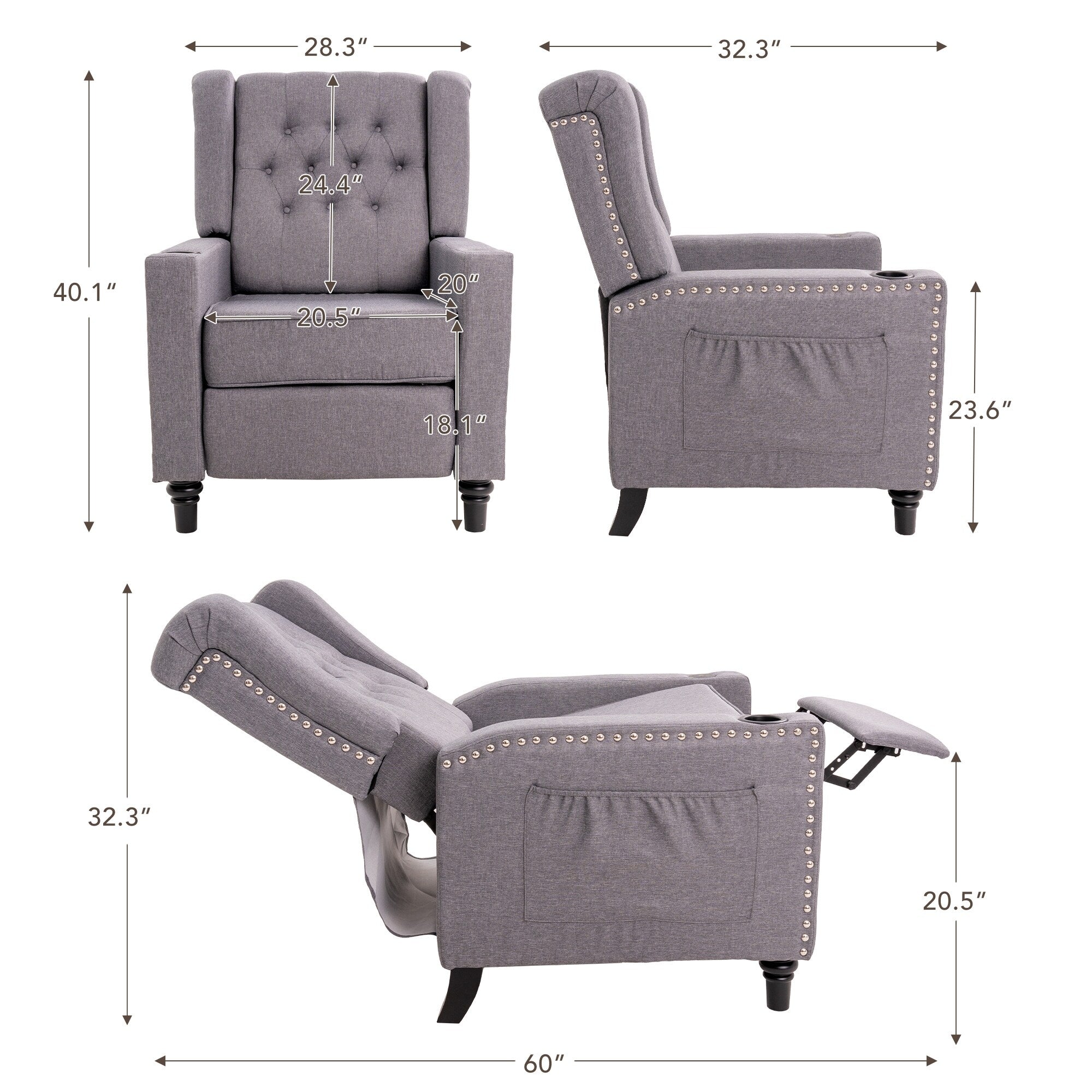 Fauteuil inclinable à dossier réglable et à oreilles, fauteuil clouté, grand canapé rembourré