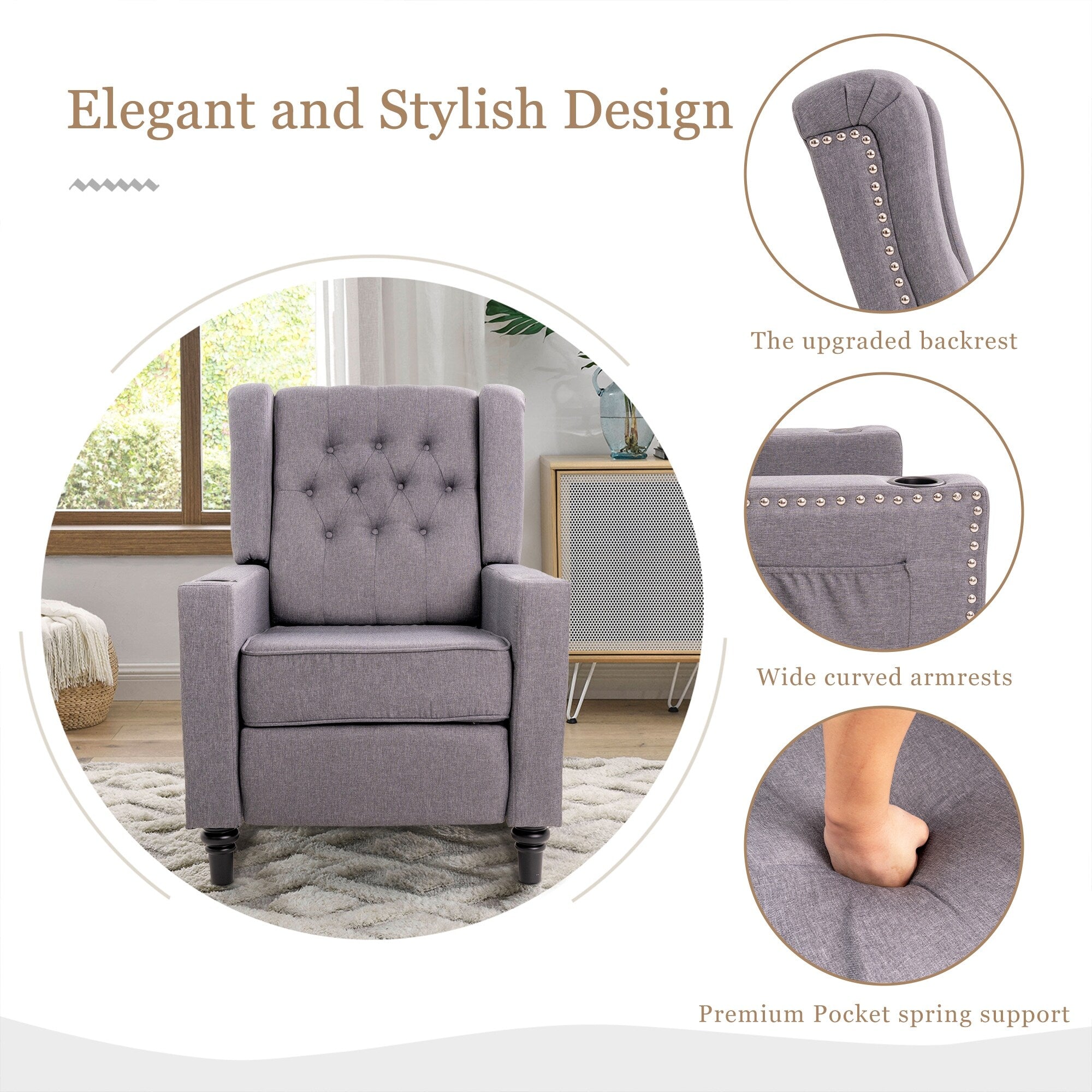 Fauteuil inclinable à dossier réglable et à oreilles, fauteuil clouté, grand canapé rembourré