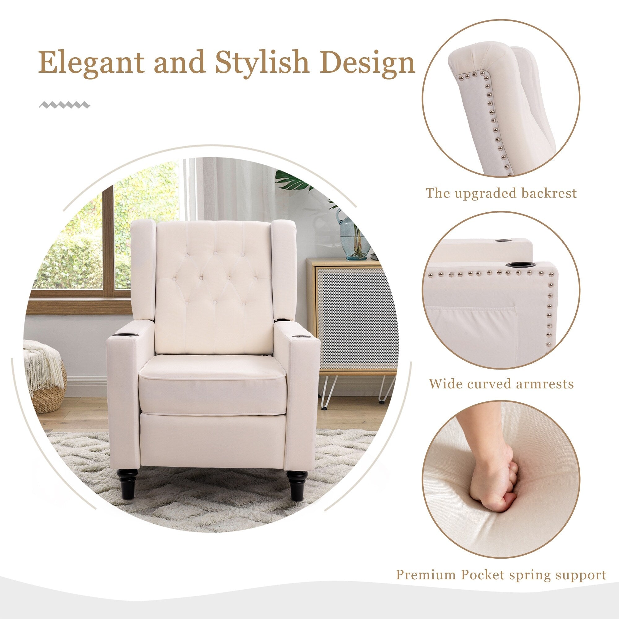 Fauteuil inclinable à dossier réglable et à oreilles, fauteuil clouté, grand canapé rembourré