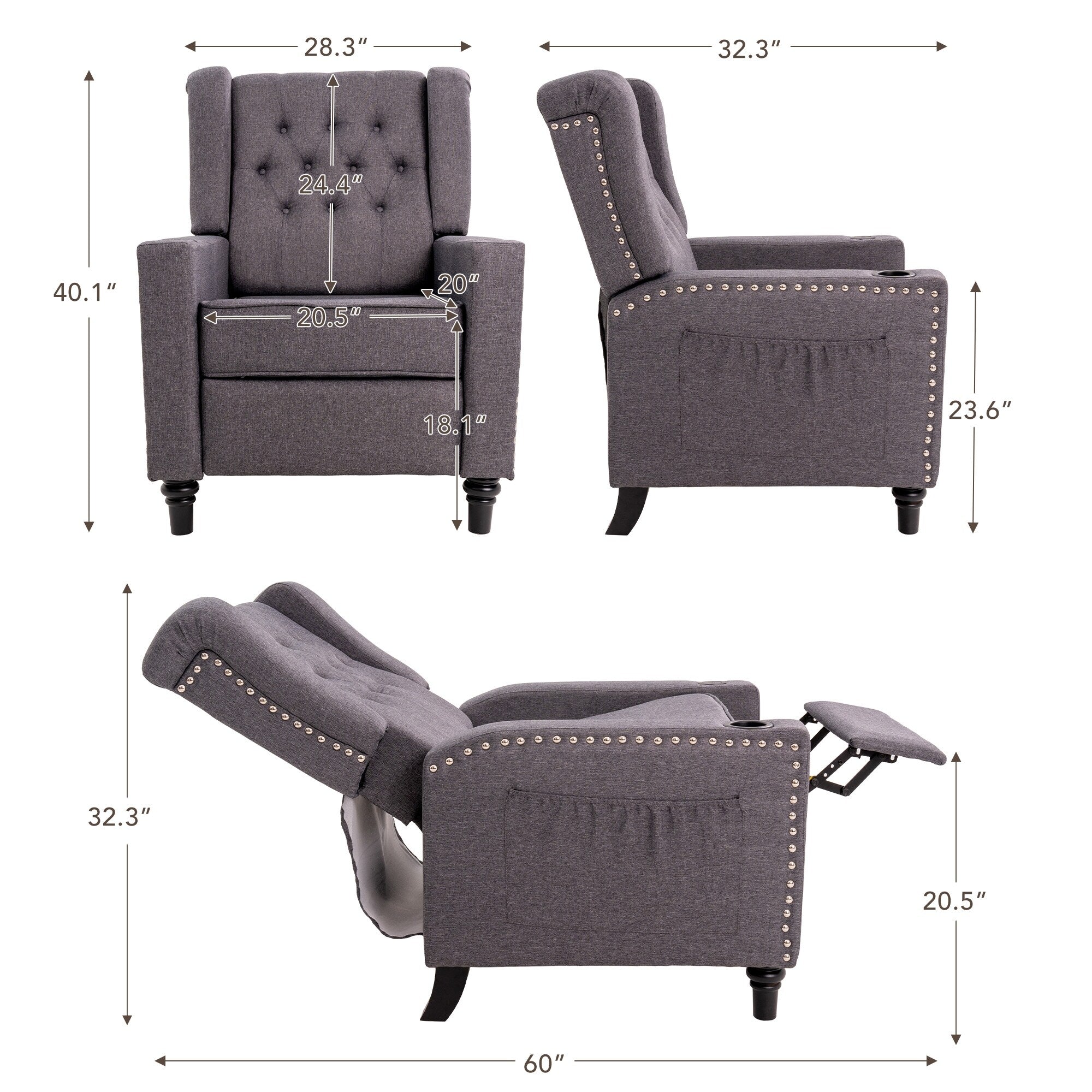 Fauteuil inclinable à dossier réglable et à oreilles, fauteuil clouté, grand canapé rembourré