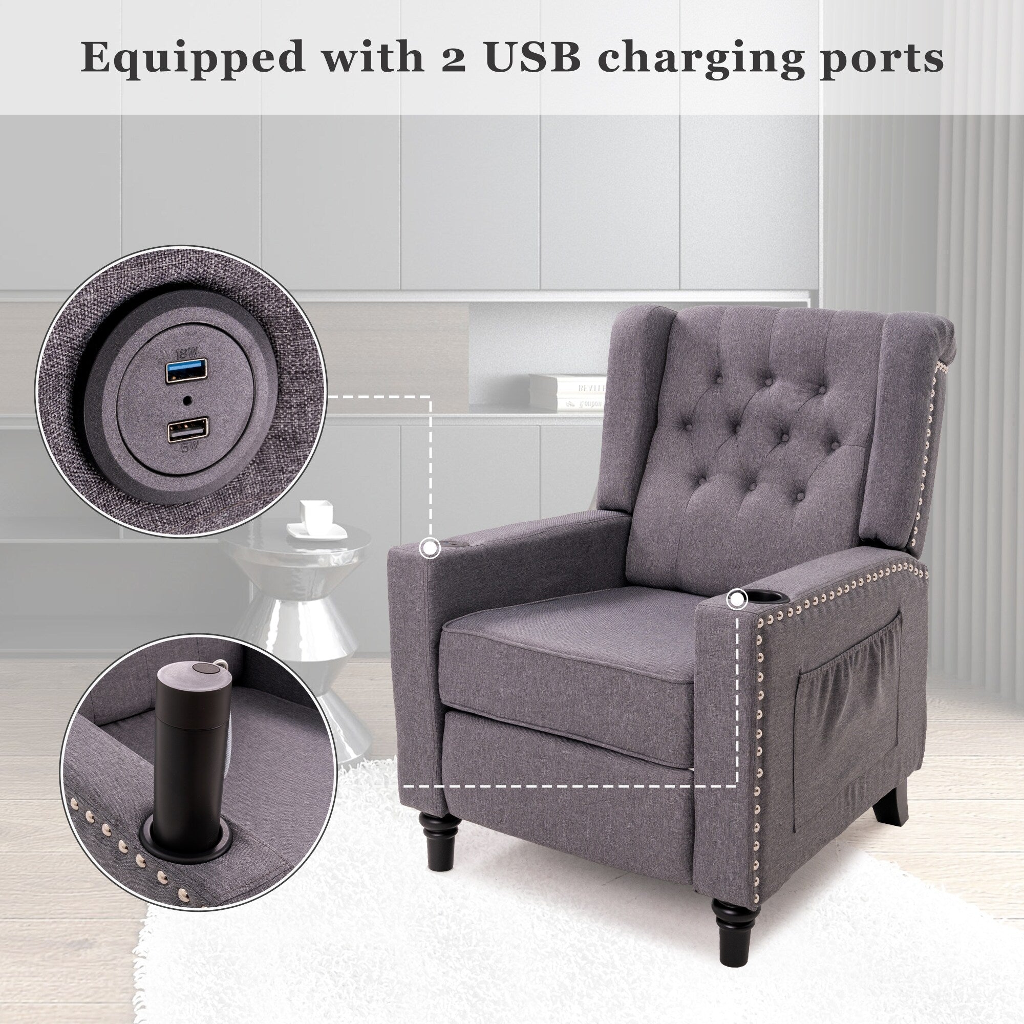 Fauteuil inclinable à dossier réglable et à oreilles, fauteuil clouté, grand canapé rembourré