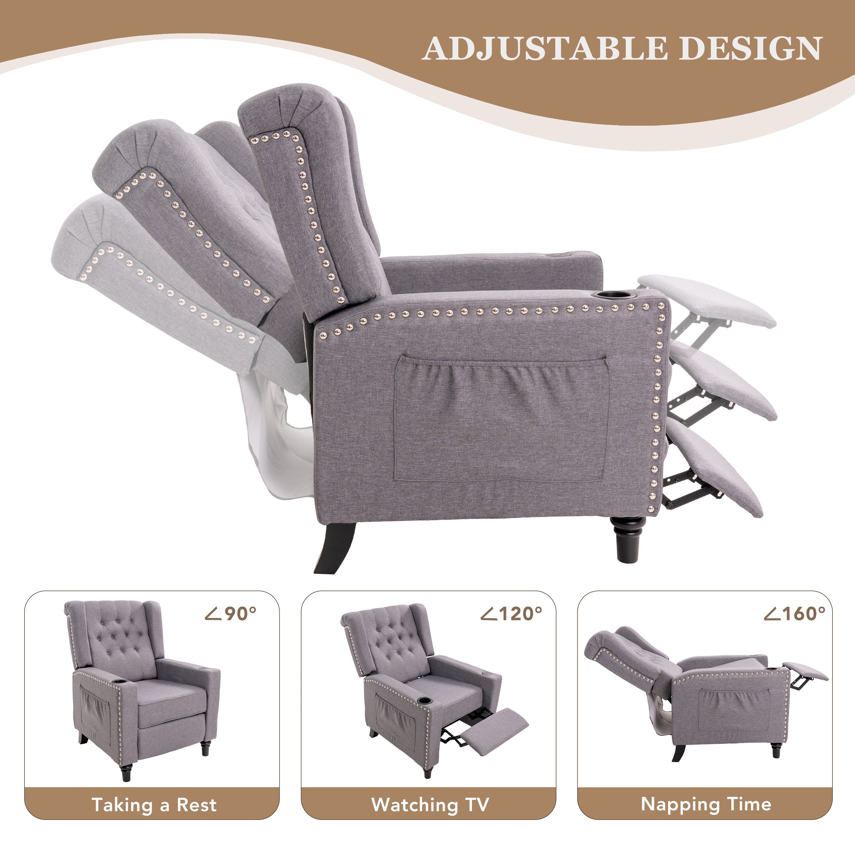 Fauteuil inclinable à dossier réglable et à oreilles, fauteuil clouté, grand canapé rembourré