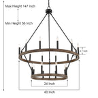 Lustre rond en forme de roue de chariot de style ferme moderne Acroma à 20 lumières de 40 po avec certification UL