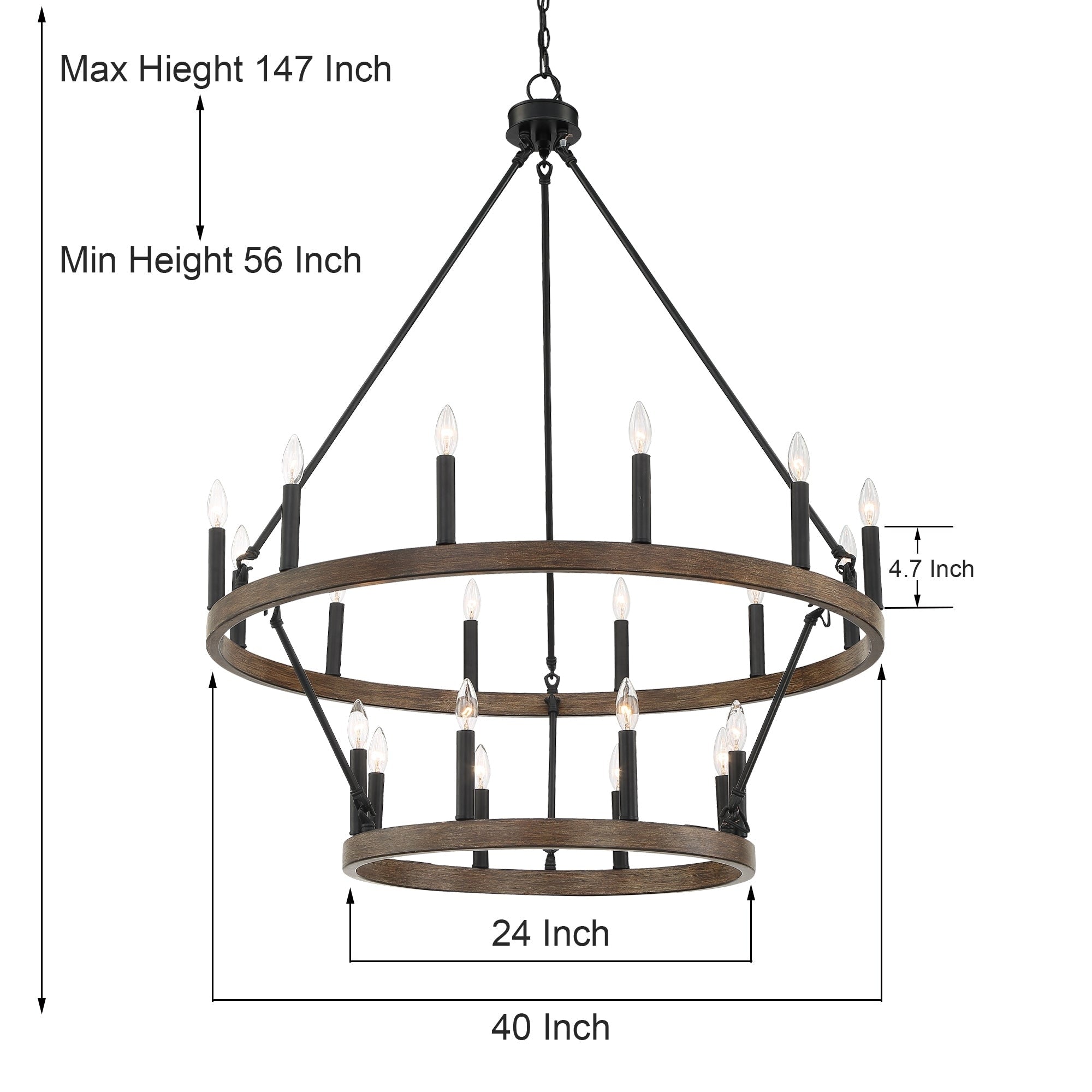 Lustre rond en forme de roue de chariot de style ferme moderne Acroma à 20 lumières de 40 po avec certification UL