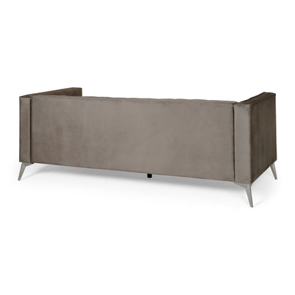 Canapé Aeny 87 pouces, 3 places, tissu gris capitonné, pieds chromés inclinés