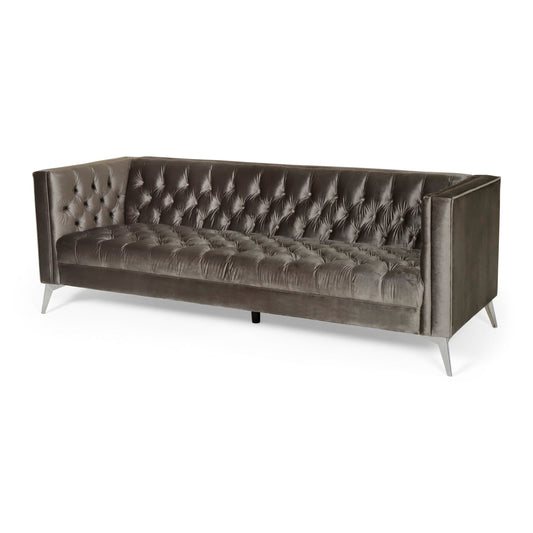 Canapé Aeny 87 pouces, 3 places, tissu gris capitonné, pieds chromés inclinés