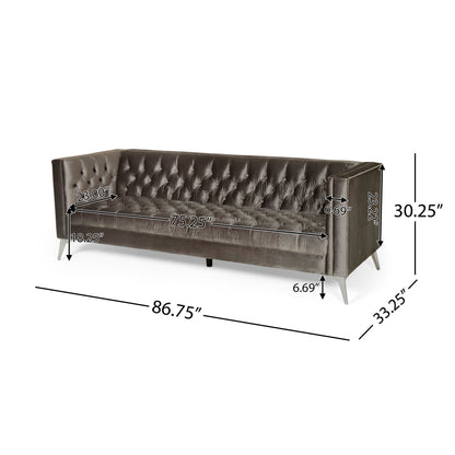 Canapé Aeny 87 pouces, 3 places, tissu gris capitonné, pieds chromés inclinés