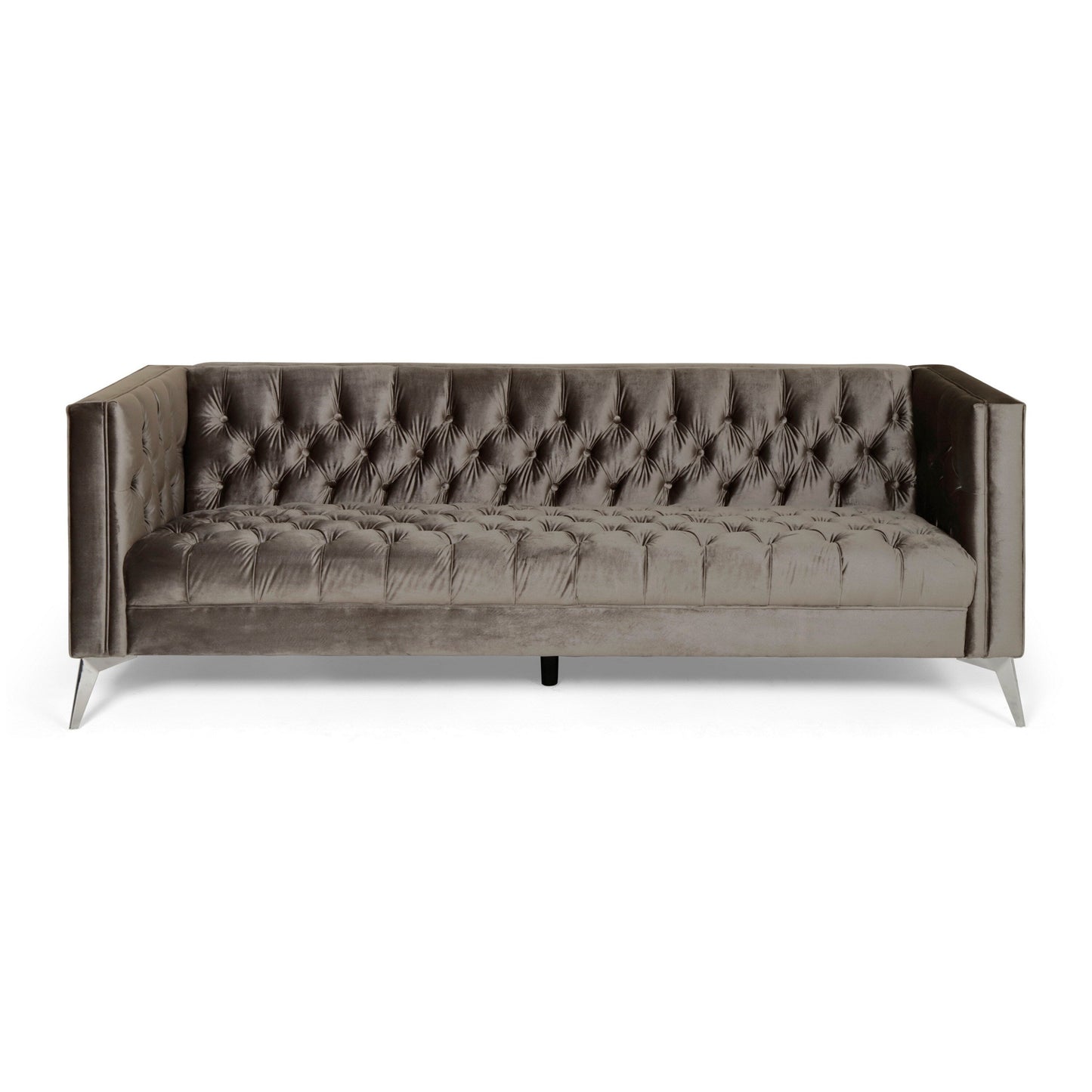Canapé Aeny 87 pouces, 3 places, tissu gris capitonné, pieds chromés inclinés