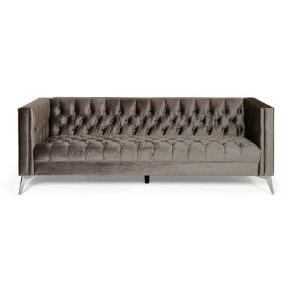 Canapé Aeny 87 pouces, 3 places, tissu gris capitonné, pieds chromés inclinés