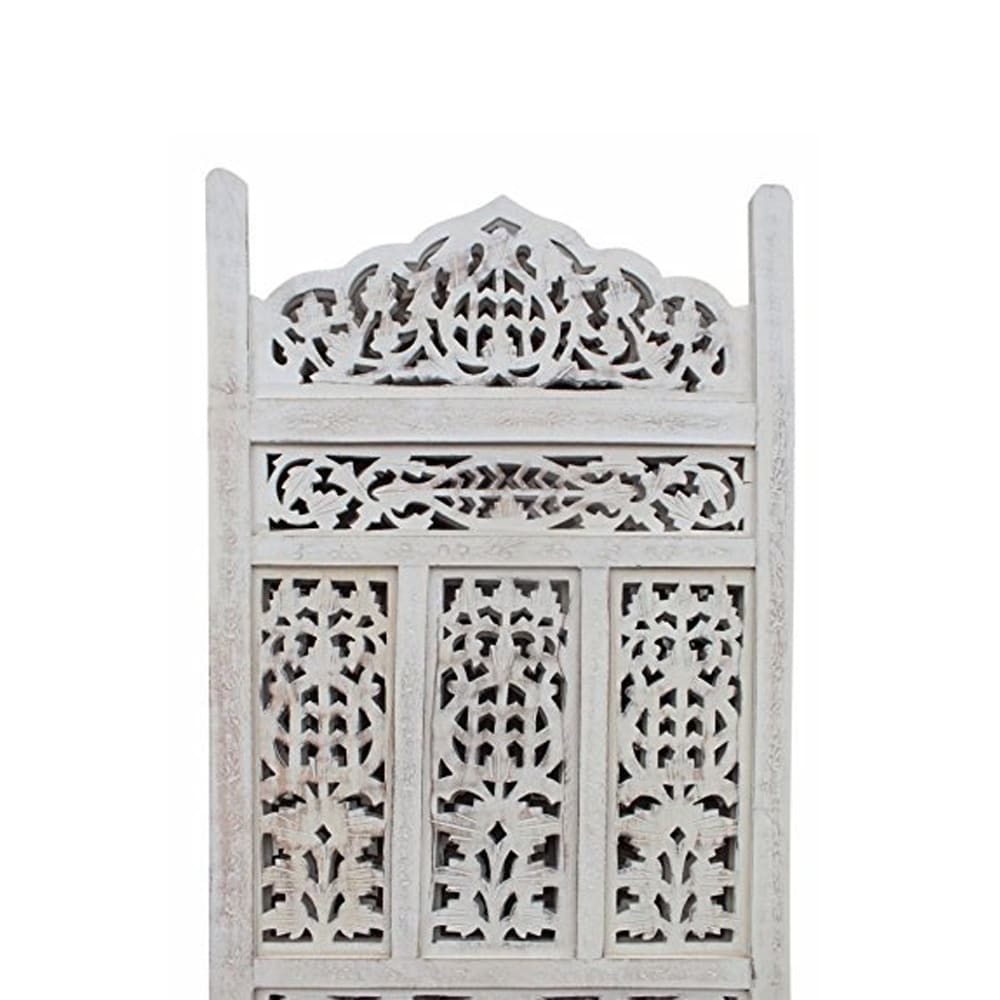 Cloison de séparation/séparateur de pièce en bois sculpté esthétiquement à 4 panneaux, blanc vieilli