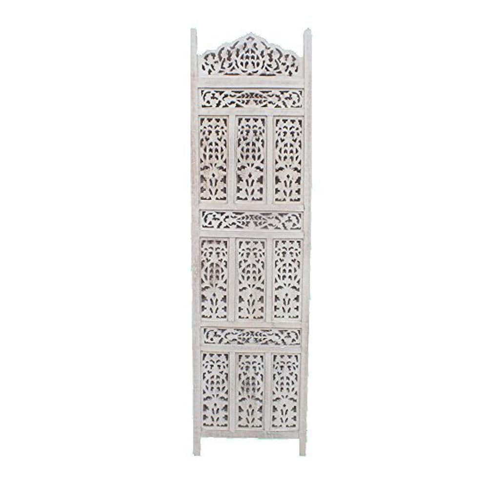 Cloison de séparation/séparateur de pièce en bois sculpté esthétiquement à 4 panneaux, blanc vieilli